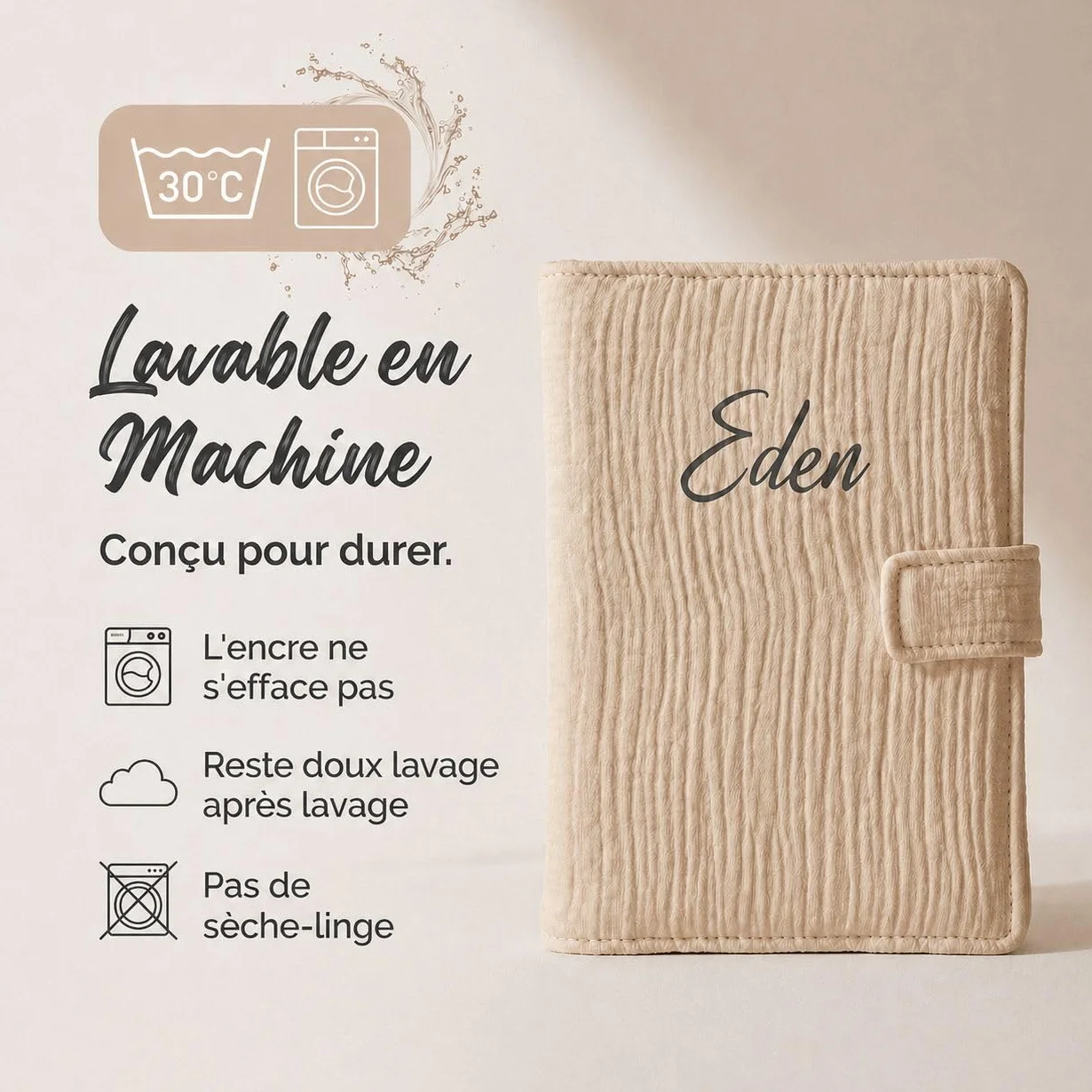 Protège Carnet de Santé Personnalisé Bébé – Prénom Personnalisable – Cadeau Naissance Original – Fabriqué en France – Beige
