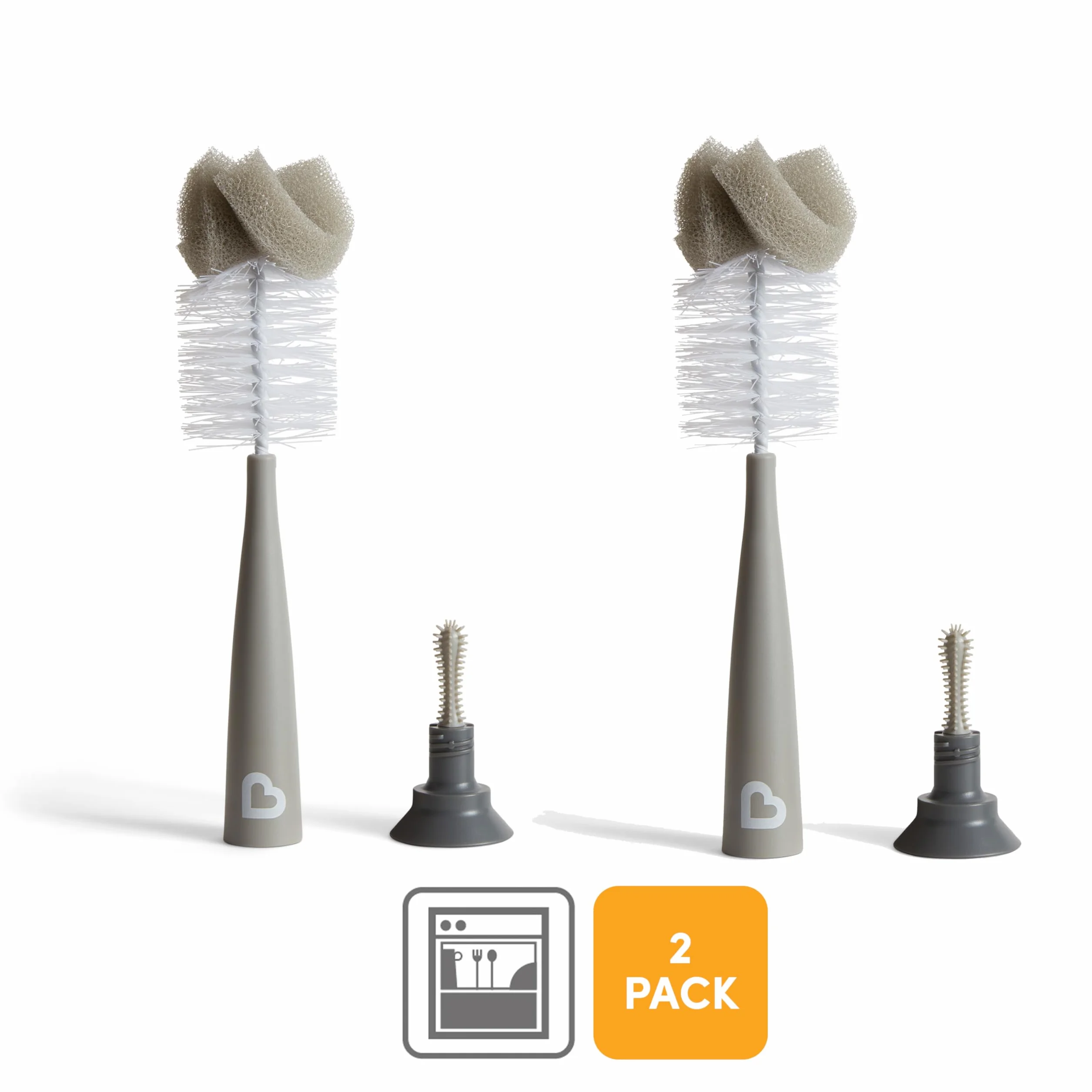 Munchkin Brosse à Biberon Lot de 2 Gris, Nettoyage Biberons et Bouteilles, Brosse à Tétine Intégrée, Autonome, Compatible Lave-vaisselle