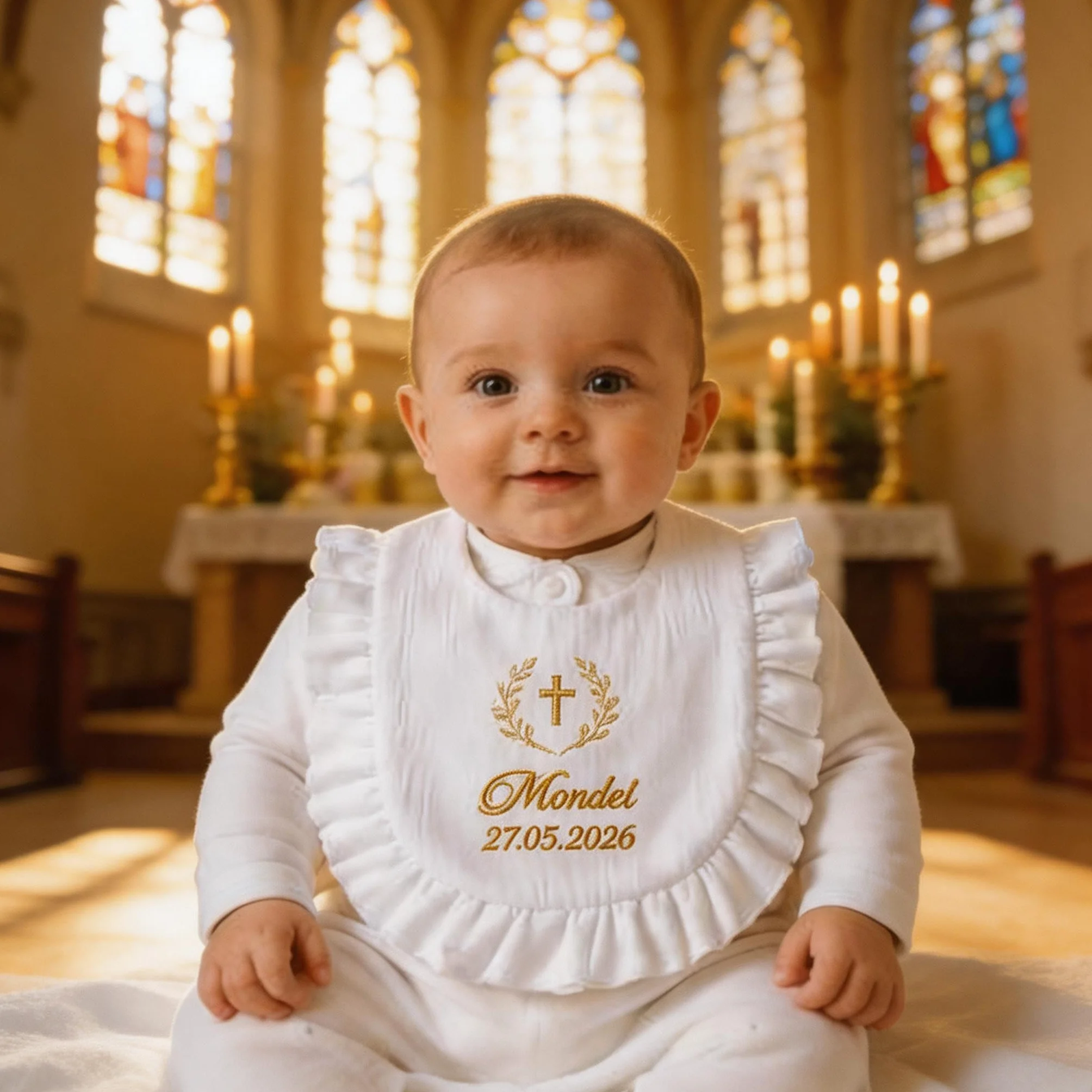 Bavoir Baptême Personnalisé Bébé 100% Coton Doux Broderie Prénom Date Cadeau Coffret