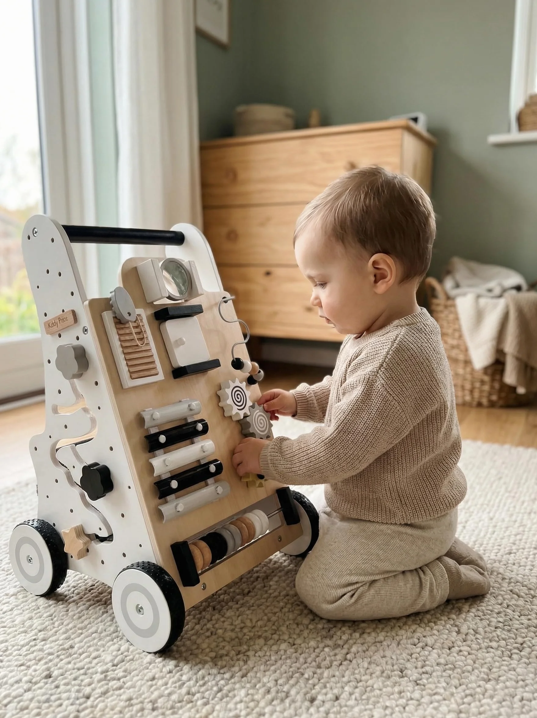 KiddyMoon Trotteur Tableau D'Activité Bois Chariot Marche Bébé Multifonctionnel WK-001 Noir-Blanc