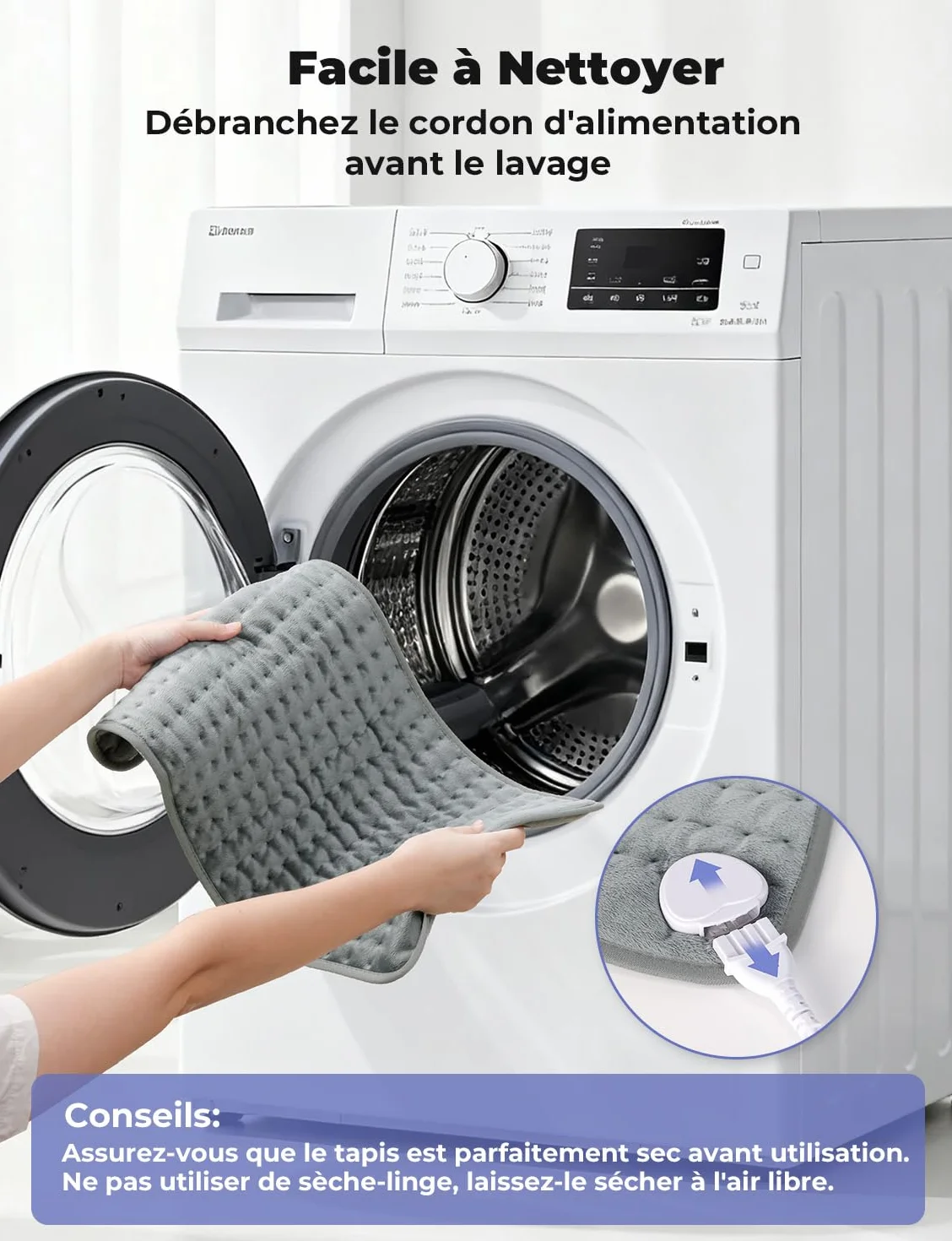 Coussin Chauffant Électrique Dos Épaules Abdomen 6 Niveaux Température 4 Réglages Minuterie Chauffage Rapide Arrêt Automatique Lavable Machine Gris Clair 60 x 30cm