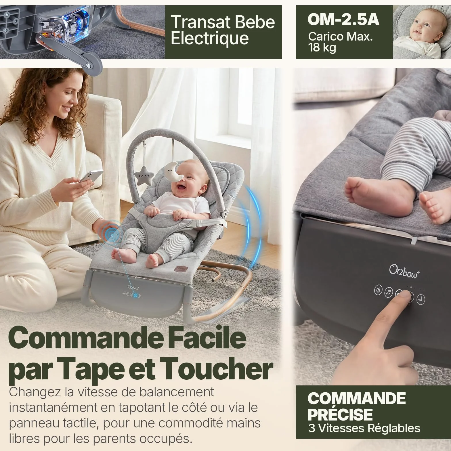 Balancelle Bebe Electrique Evolutif avec Capteur de Tapotement, 3 Vitesses, Panneau Tactile, 2 Modes Minuterie, 8 Berceuses, 0-12 Mois, 18 kg, Gris Perle