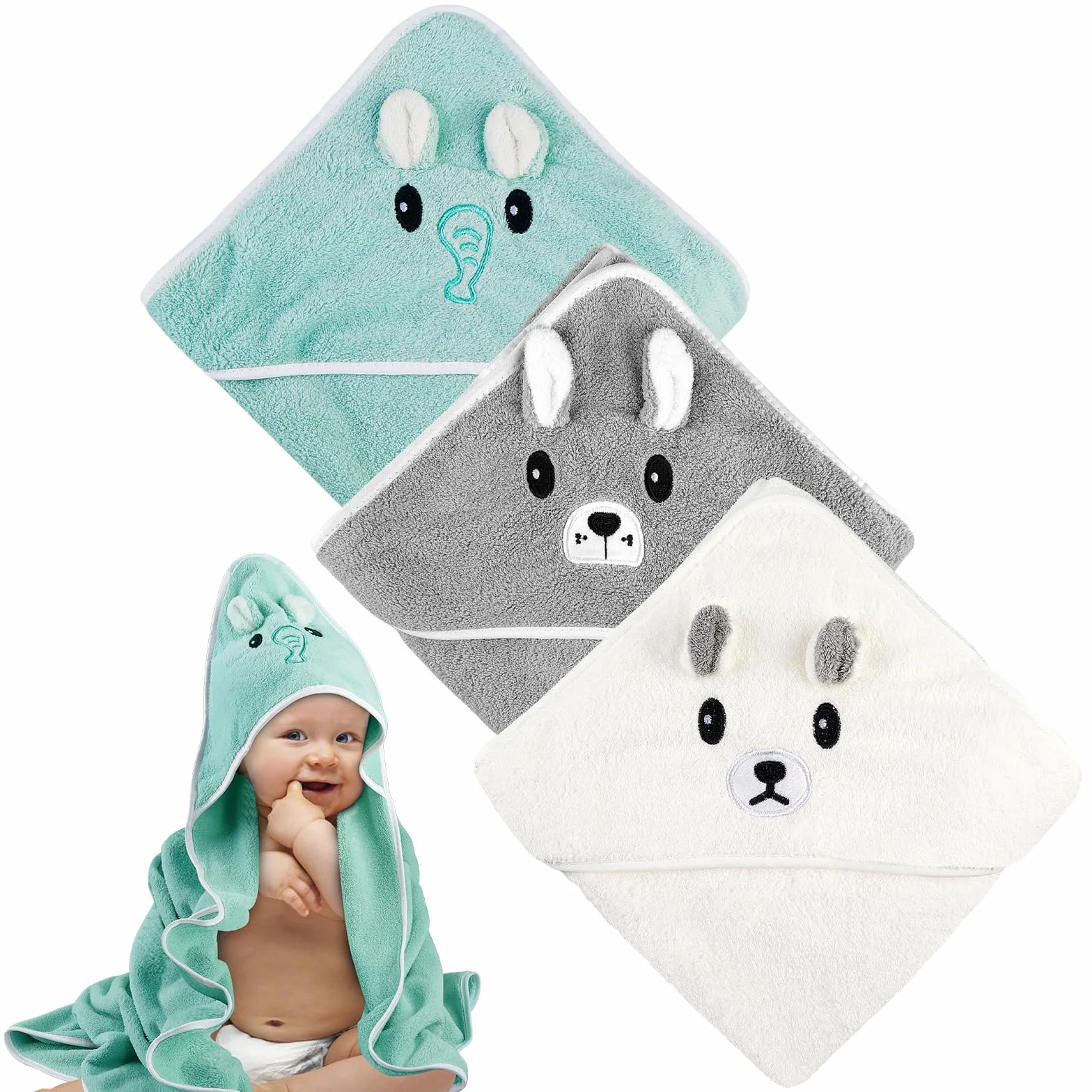 Cape de Bain Bébé 3 Pièces Sortie de Bain Serviette 80x80 cm Coton Poncho Doux Absorption Forte Fille Garçon
