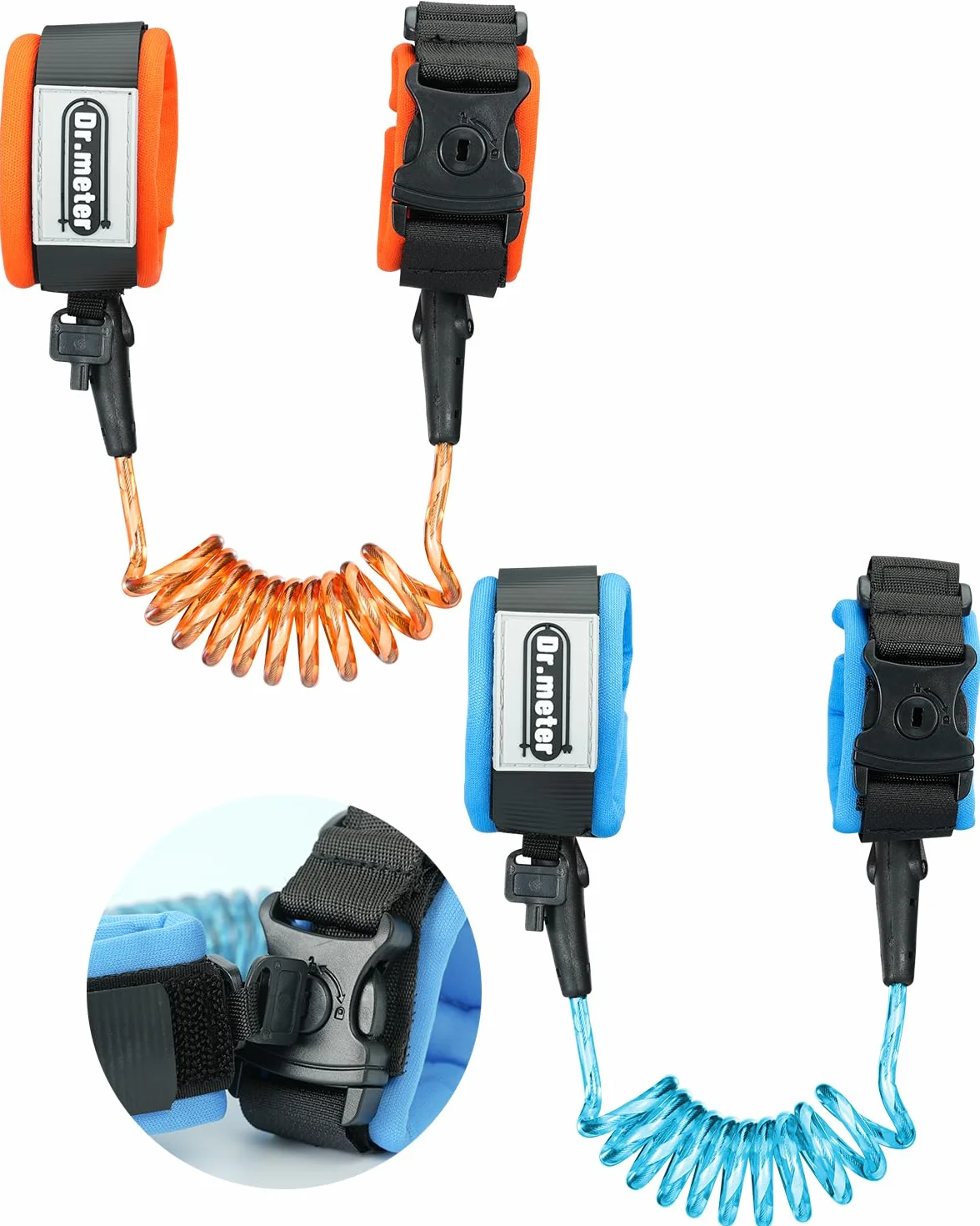 Dr.meter Bracelet Sécurité Enfant 1,2m Laisse avec Verrouillage par Clé Réfléchissant Anti-Lost Wristband Rotation 360° (Bleu + Orange)