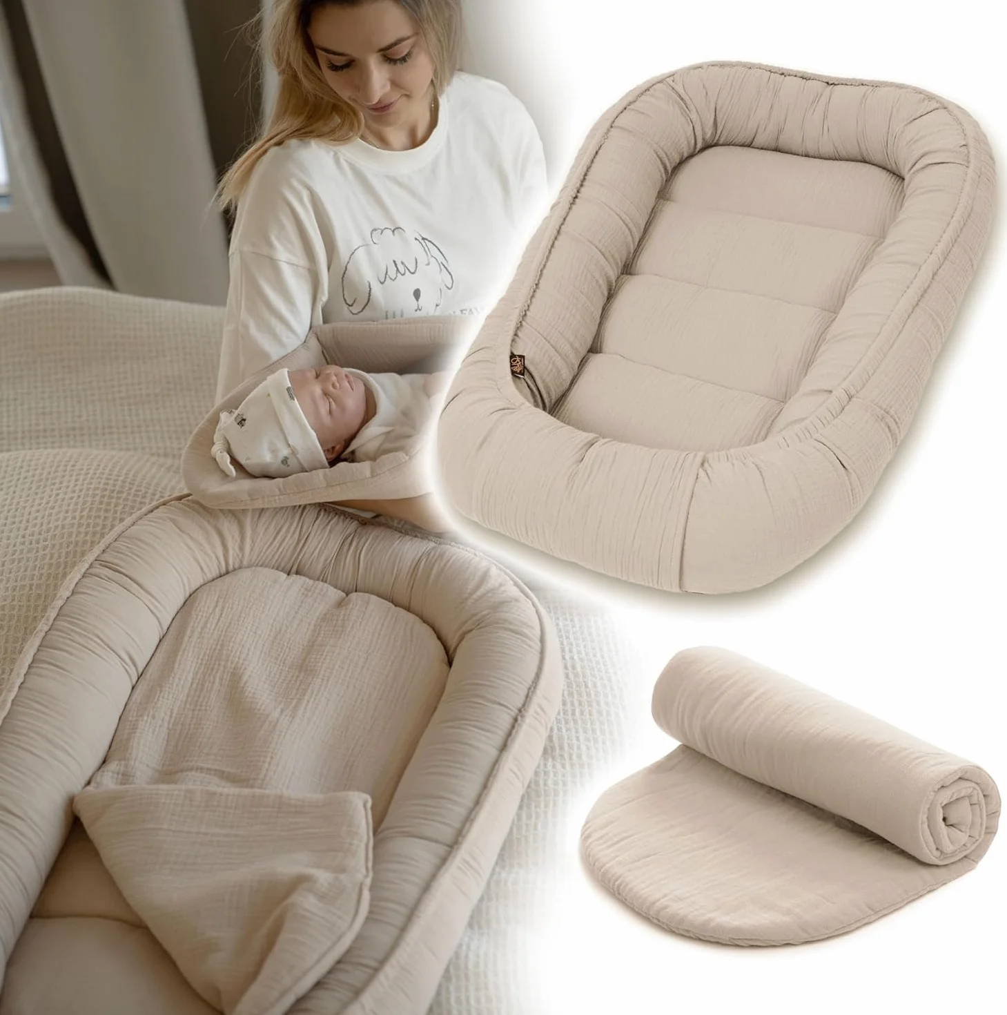 Réducteur de Lit Bébé 100x60 cm Cocon Nouveau-né Mousseline Douce Matelas Nid Bébé Coton Certifié Oeko-TEX Sommeil Sécurisé Berceau Lit Voyage Beige