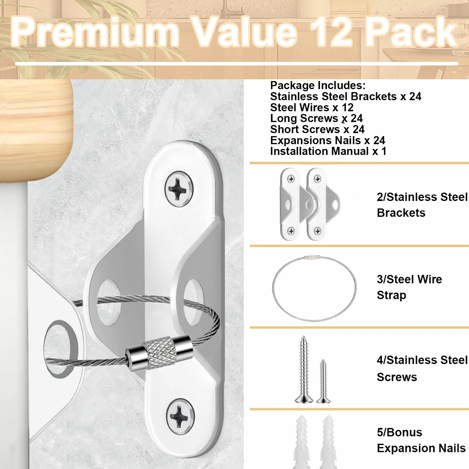 Sangles de Sécurité Meubles Métal Lourd Devoir Ancrages Muraux Protection Bébés Animaux, 12 Kit - Blanc