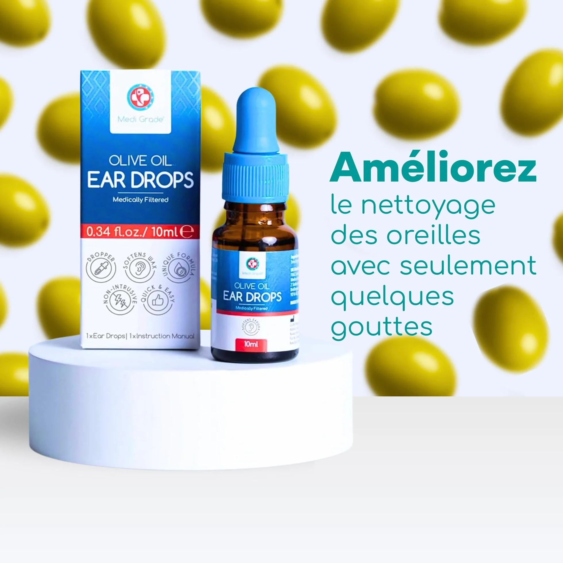 Medi Grade Gouttes Oreilles Huile d'Olive 100% Pure Qualité Médicale 10 mL - Fluidifie Élimine Cérumen Oreille
