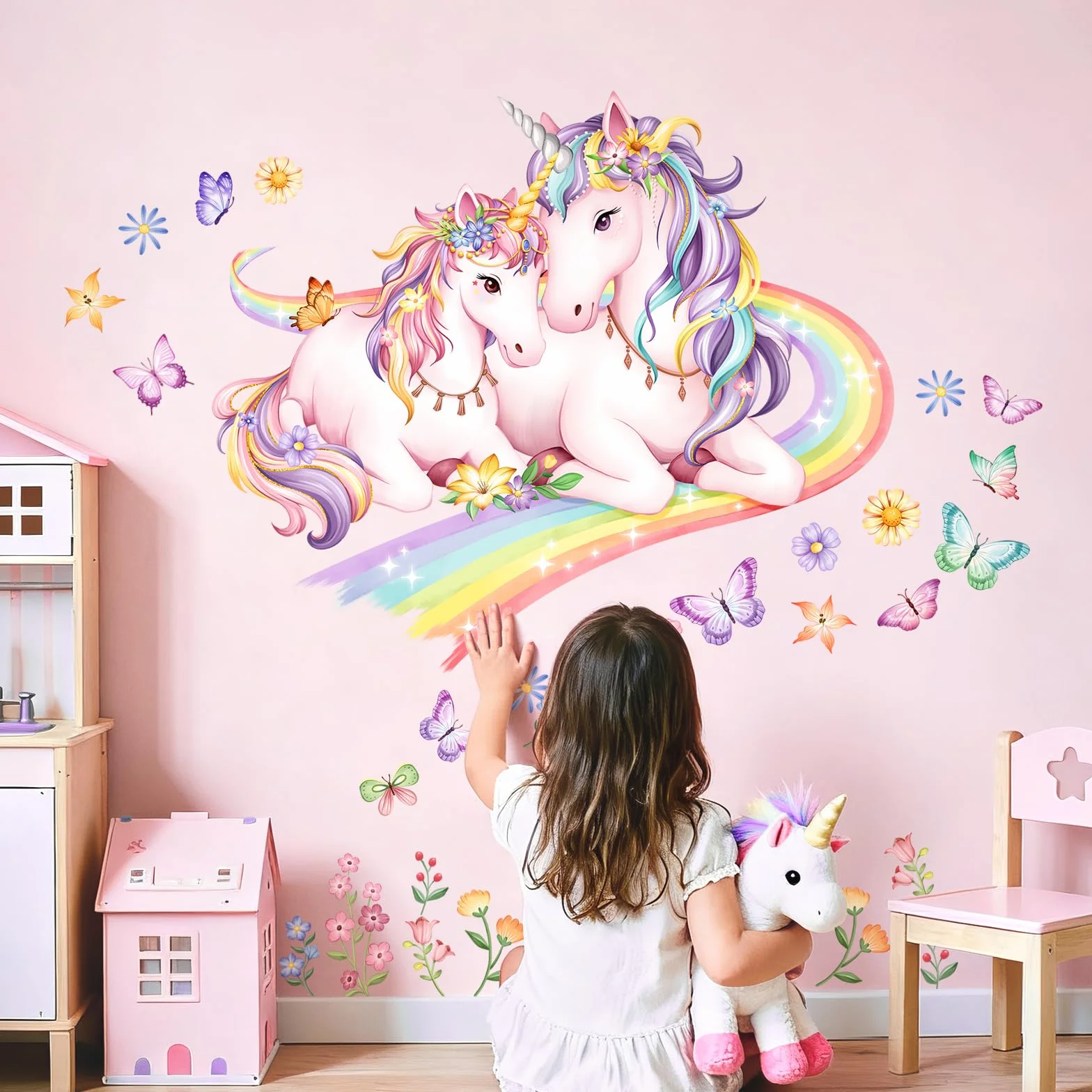 Autocollant Muraux Licorne Arc-en-ciel Fleur Papillons pour Chambre Enfants