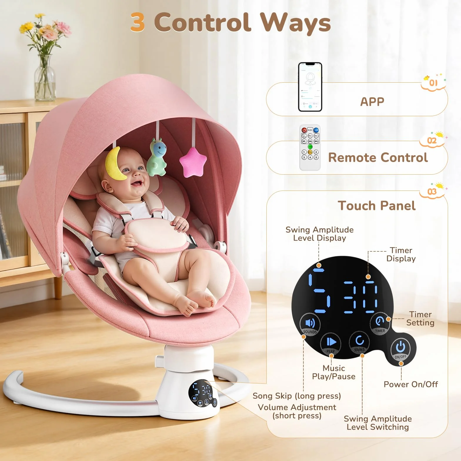 Balançoire Électrique pour Bébé Transat avec Dossier Réglable 2 Niveaux, Bluetooth, 12 Sons, Télécommande, 2 Alimentations (Rosa)