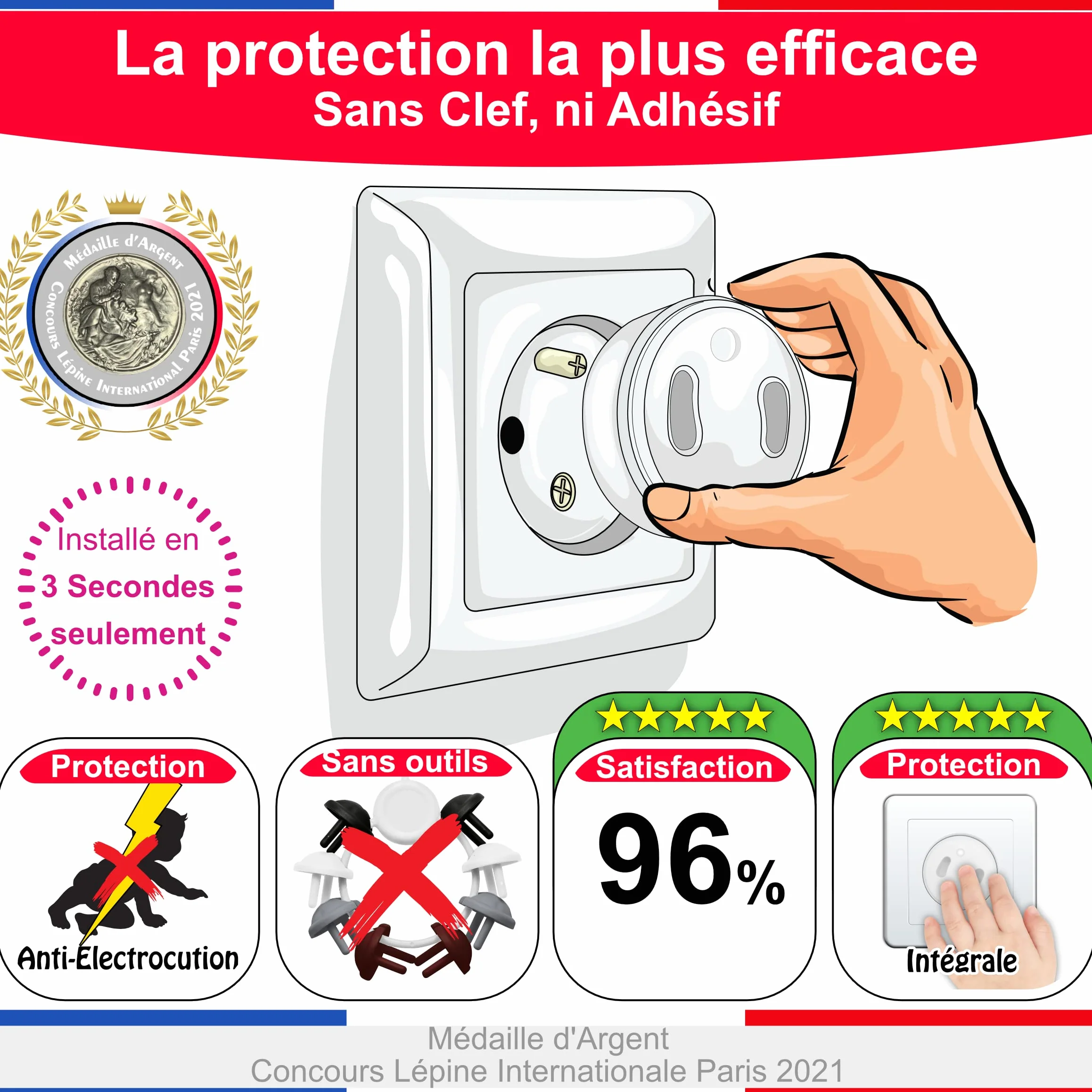 Cache Prise Bébé Français Amovible Sans Clef Ni Adhésif - Protection Prise Courant Électrique Sécurité Domestique