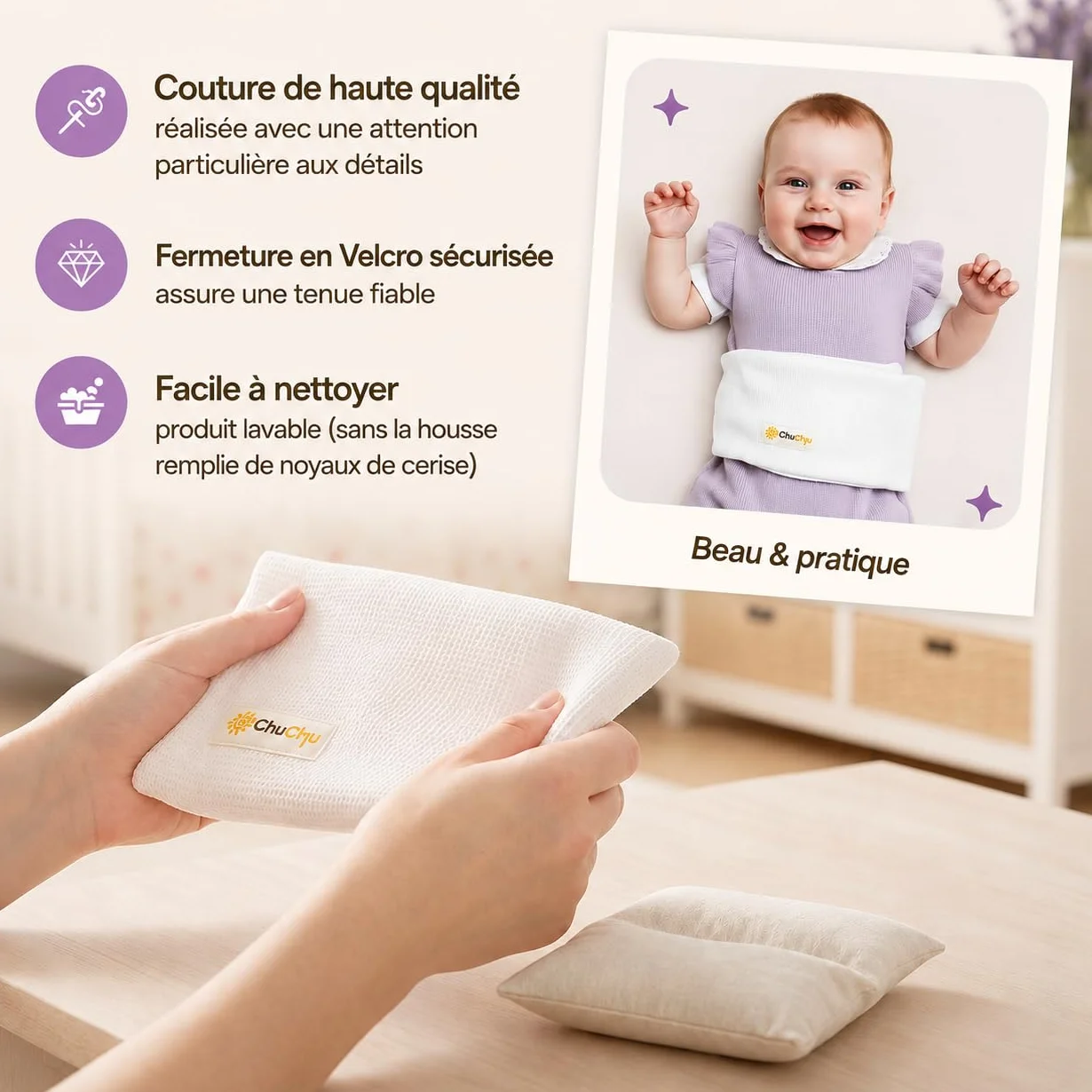 Ceinture Chauffante Bébé Anti-Coliques Bouillotte aux Noyaux de Cerise 100% Coton