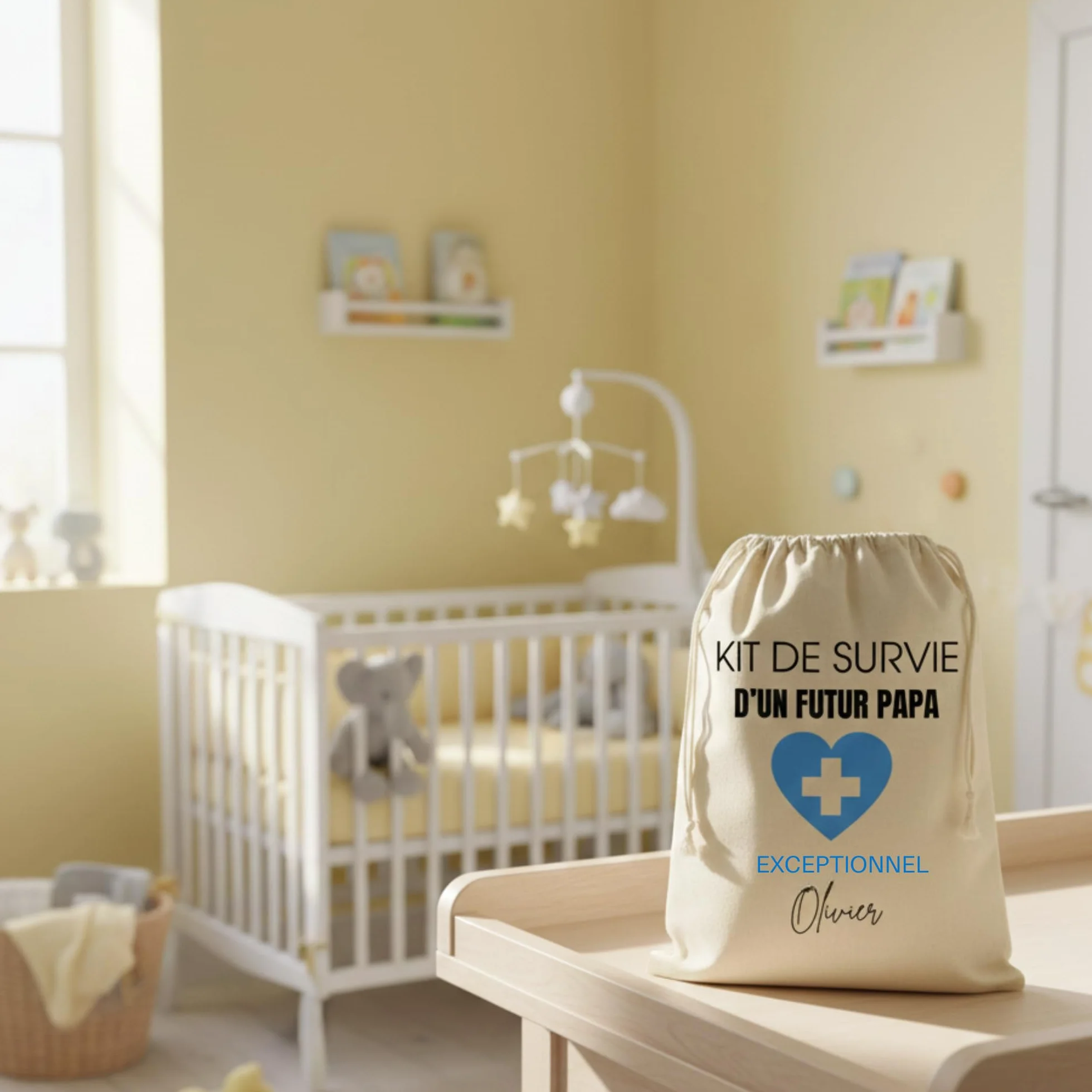 Kit de Survie Futur Papa Personnalisé avec prénom, Pochon Cadeau 34 x 23 cm