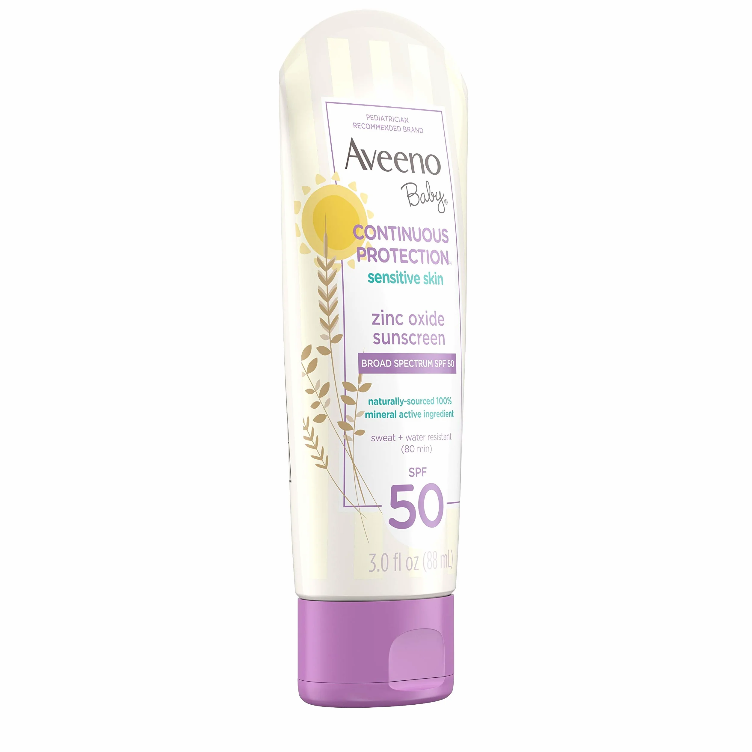 Aveeno Baby Continuous Protection Zinc Oxide Mineral Sunscreen Lotion SPF 50, Water Resistant, 3.0 Fl. Oz