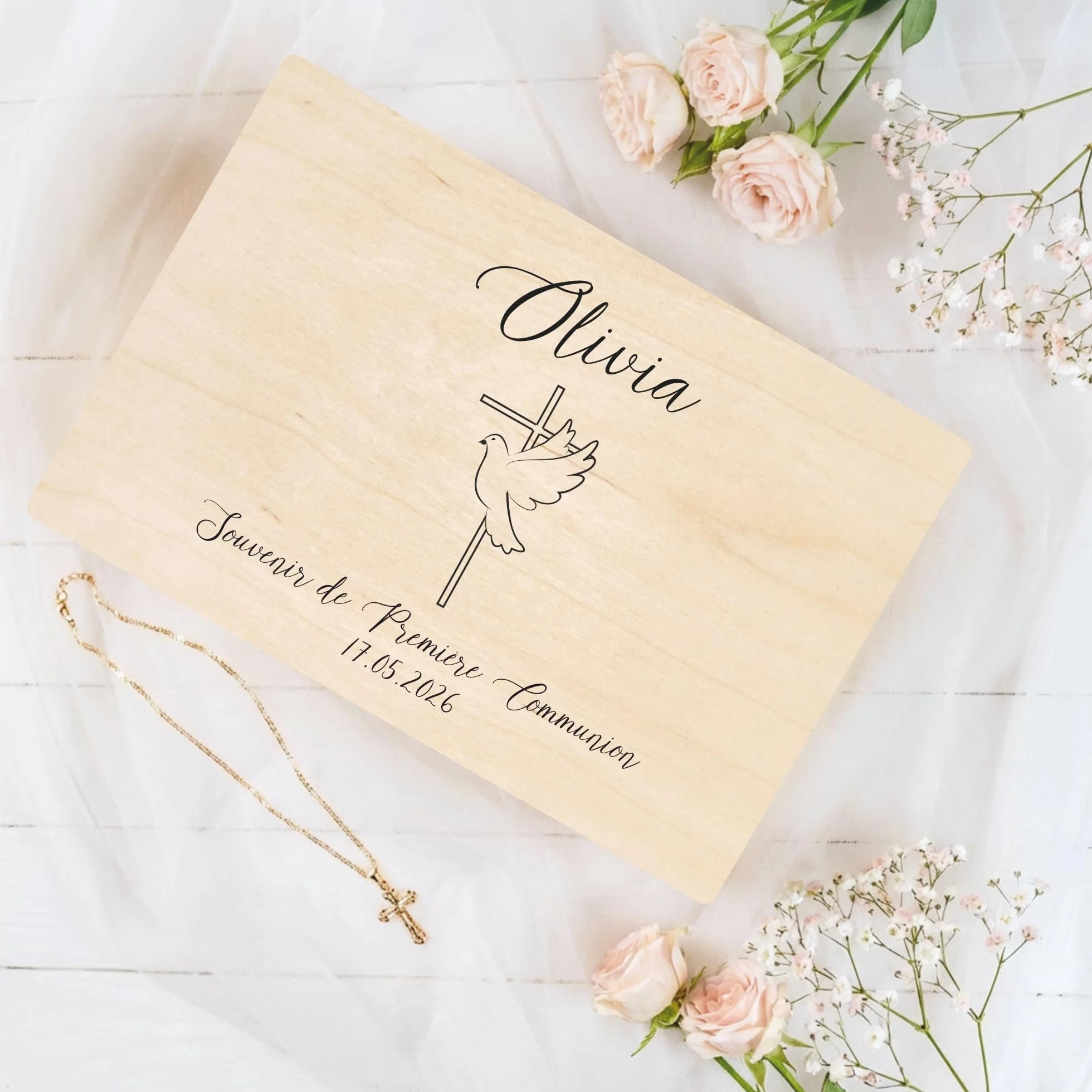 Boîte à Souvenirs Personnalisée Première Communion - Cadeau Fille Garçon avec Croix Colombe