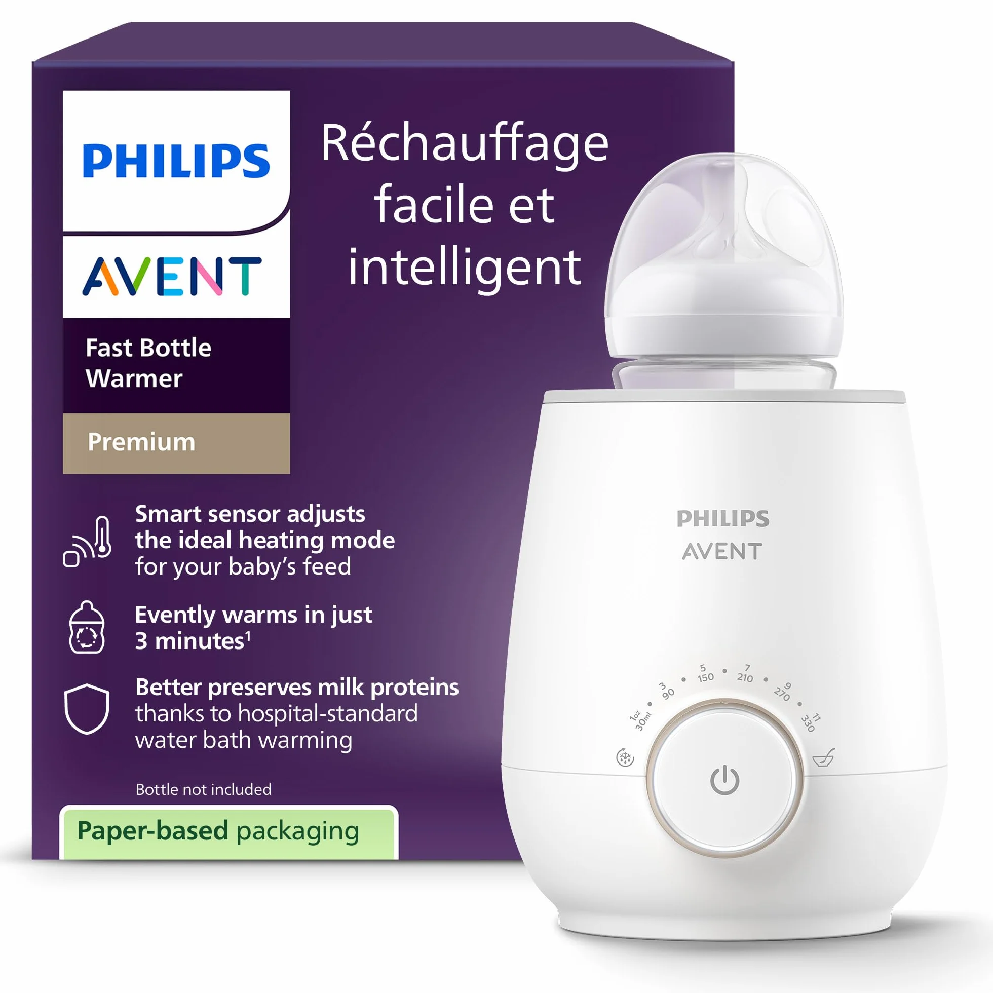 Philips Avent Chauffe-biberon rapide SCF358/00, contrôle intelligent température, chaleur uniforme, arrêt automatique
