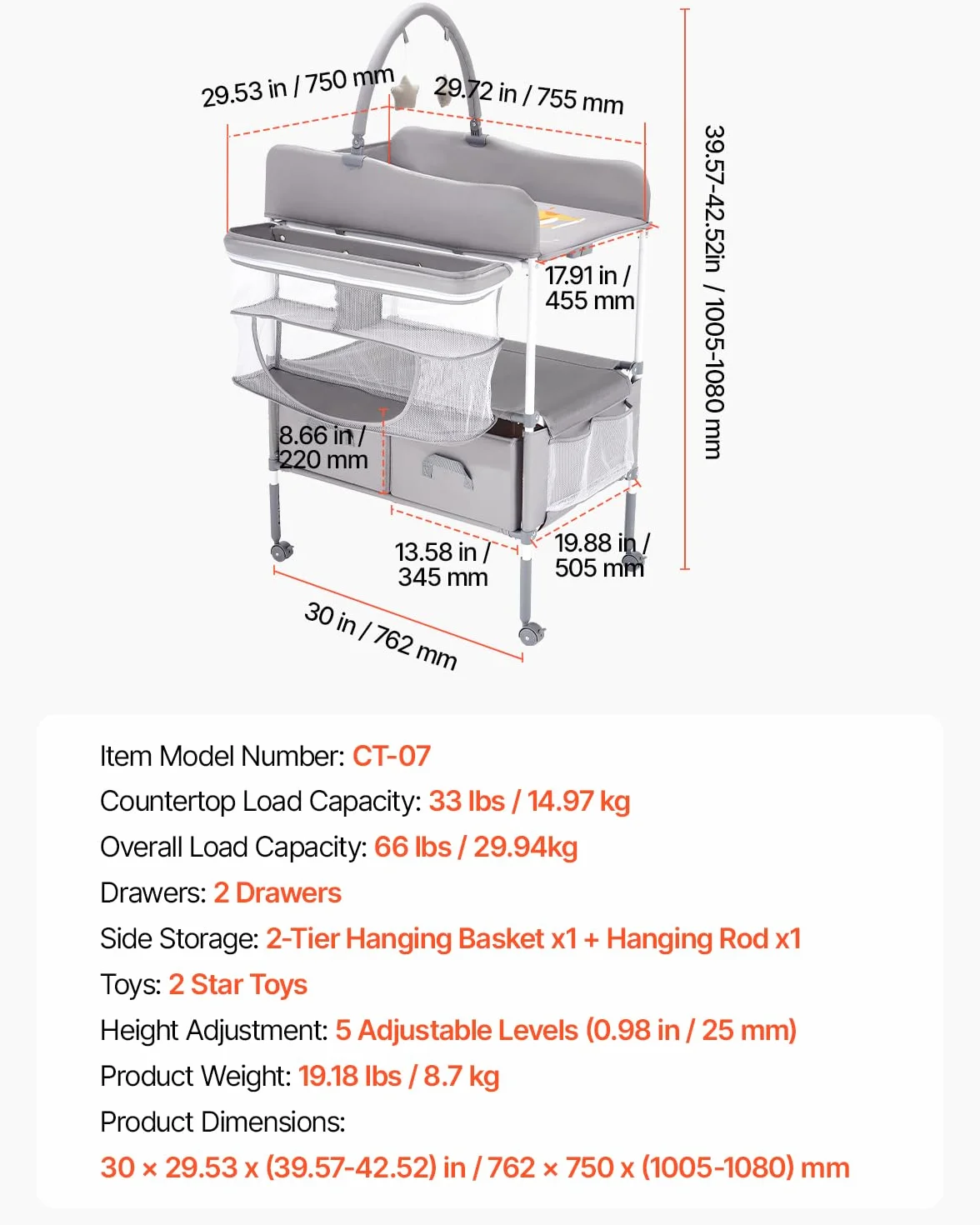 VEVOR Table à langer bébé pliable 2 tiroirs en tissu hauteur réglable roulettes verrouillables