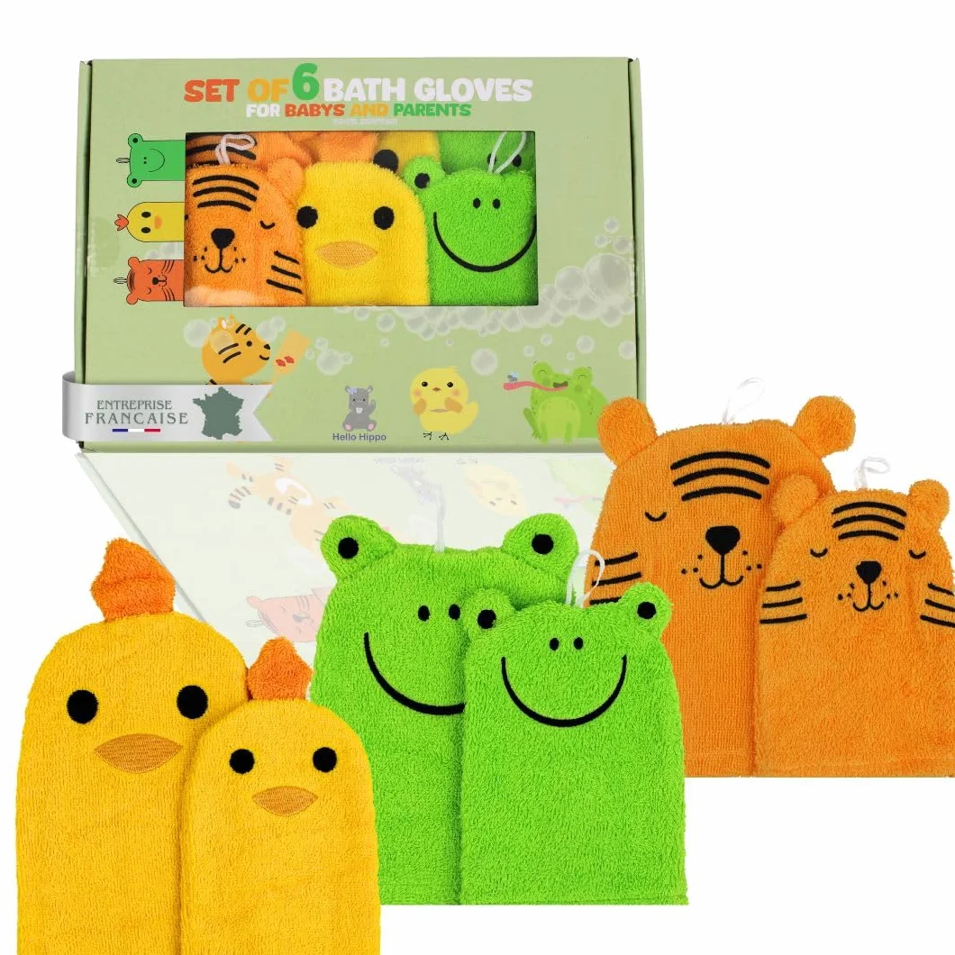 Hello Hippo Lot de 6 Gants de Toilette Bébé & Parents – Gants Douche Coton – Tigre, Grenouille, Poussin – 3 Gants Parents + 3 Enfants – Débarbouillette Lavable