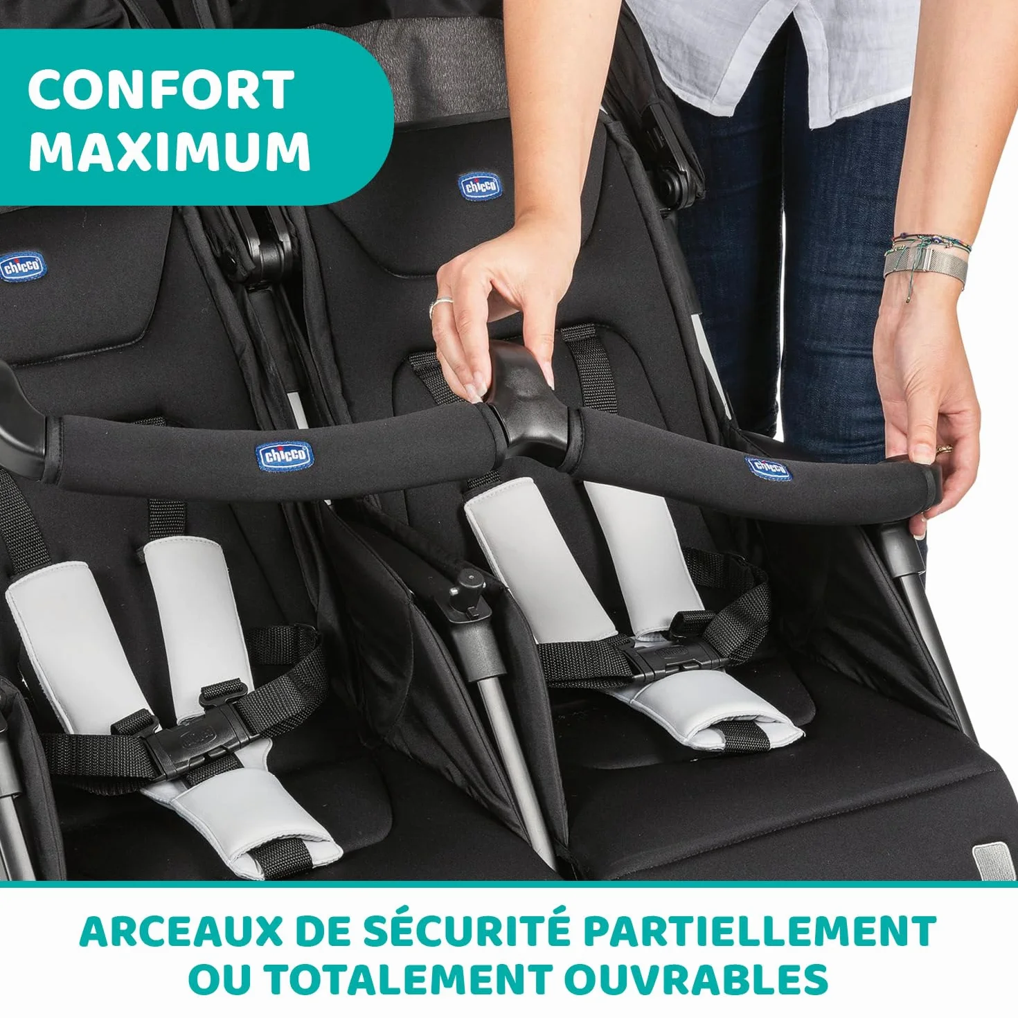 Chicco OHlalà Poussette Double Tandem Légère Pliable Jumeaux 15 kg Noir