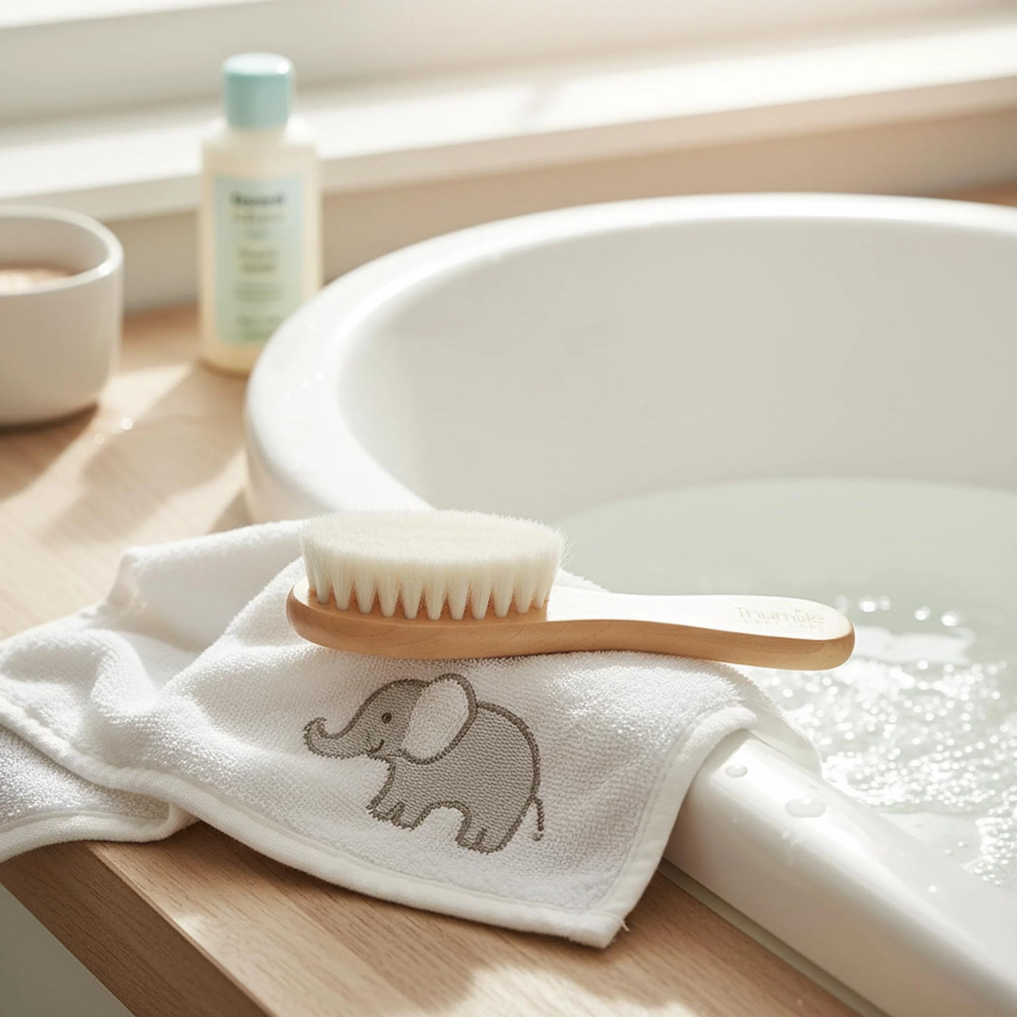Brosse à Cheveux Bébé Poils de Chèvre Doux | Brosse Douce pour Nouveau-Né & Croûtes de Lait | En Bois Naturel Sans Plastique | Thumble Baby Care