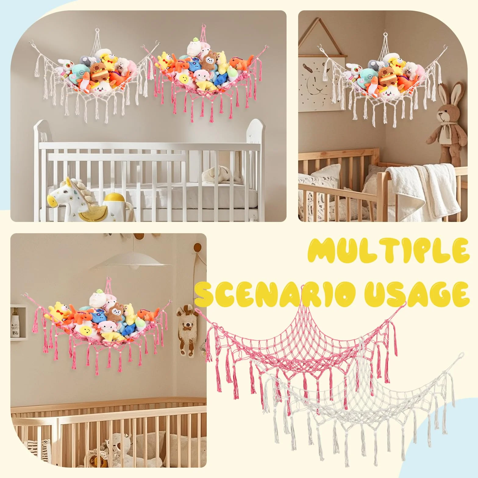 Hamac Rangement Peluches Filet d'Angle Lot 2 Filet Coton Épais Tissé Main Décoration Murale Chambre Enfants Rose