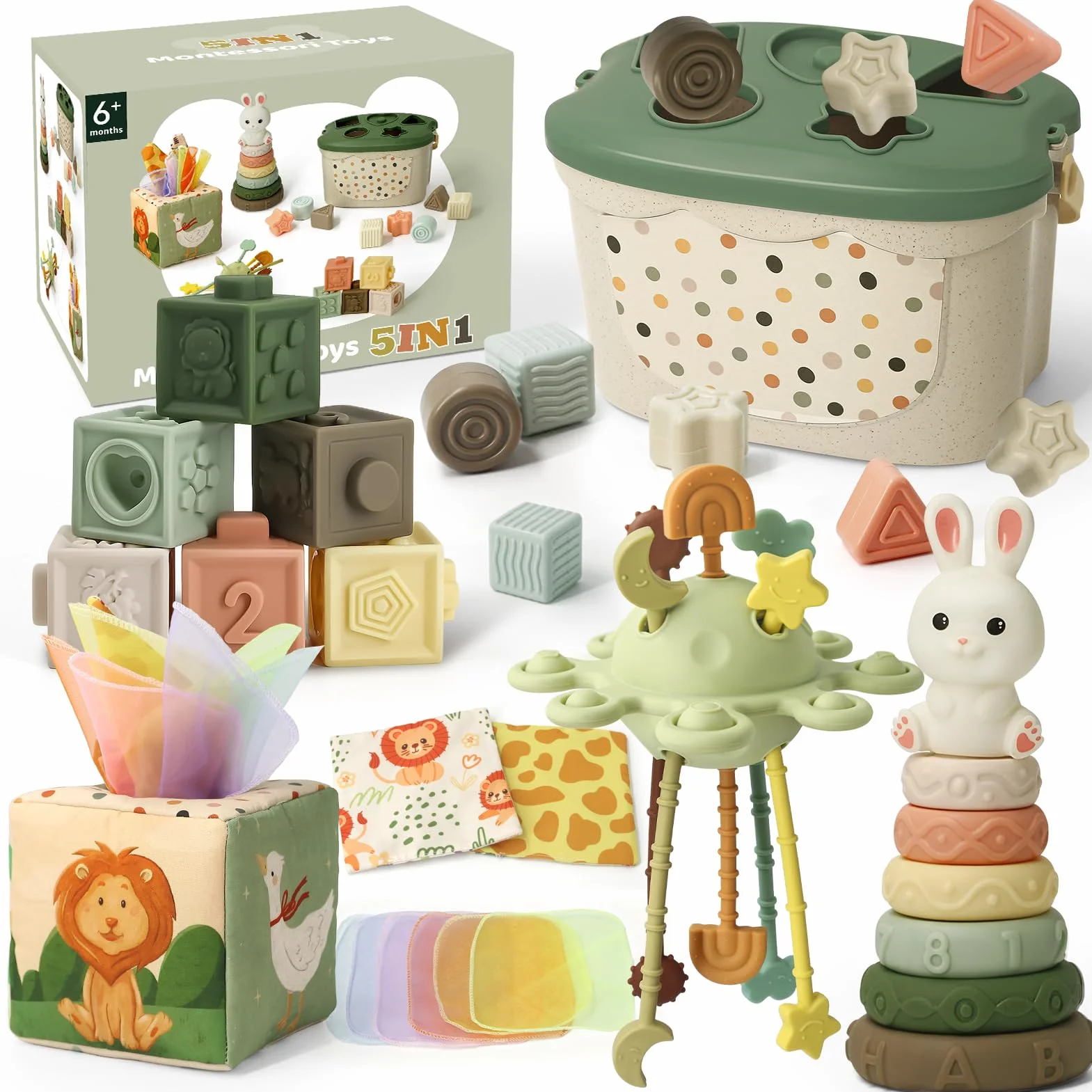 Jouet Bébé 6 Mois Montessori 5 en 1 – Jeux d’éveil 6-12 Mois avec Trieur de Formes, Boîte à Mouchoirs, Empilement | Jouet Sensoriel Cadeau pour Enfants 7 8 9 Mois