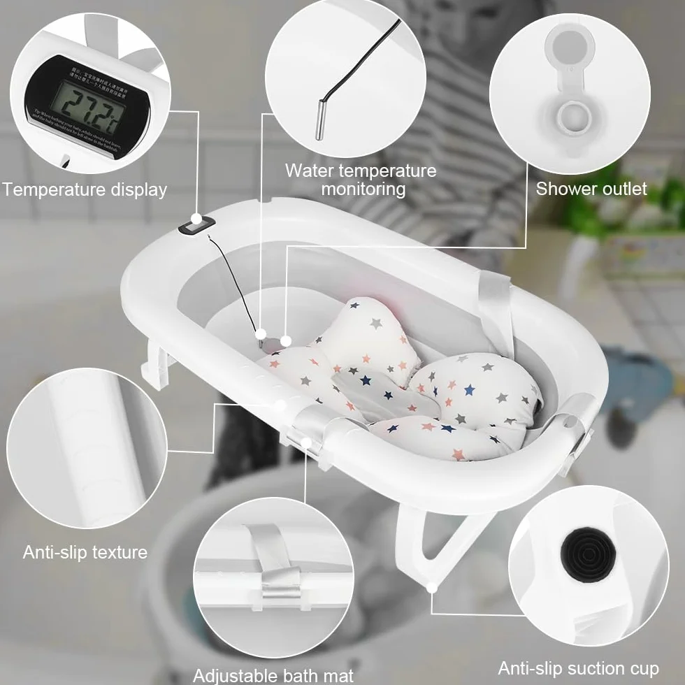 Baignoire Bebe Pliable avec Thermometre Digital, Coussin, Prise Pommeau de Douche, Gris 80x50x23cm 0-24 Mois