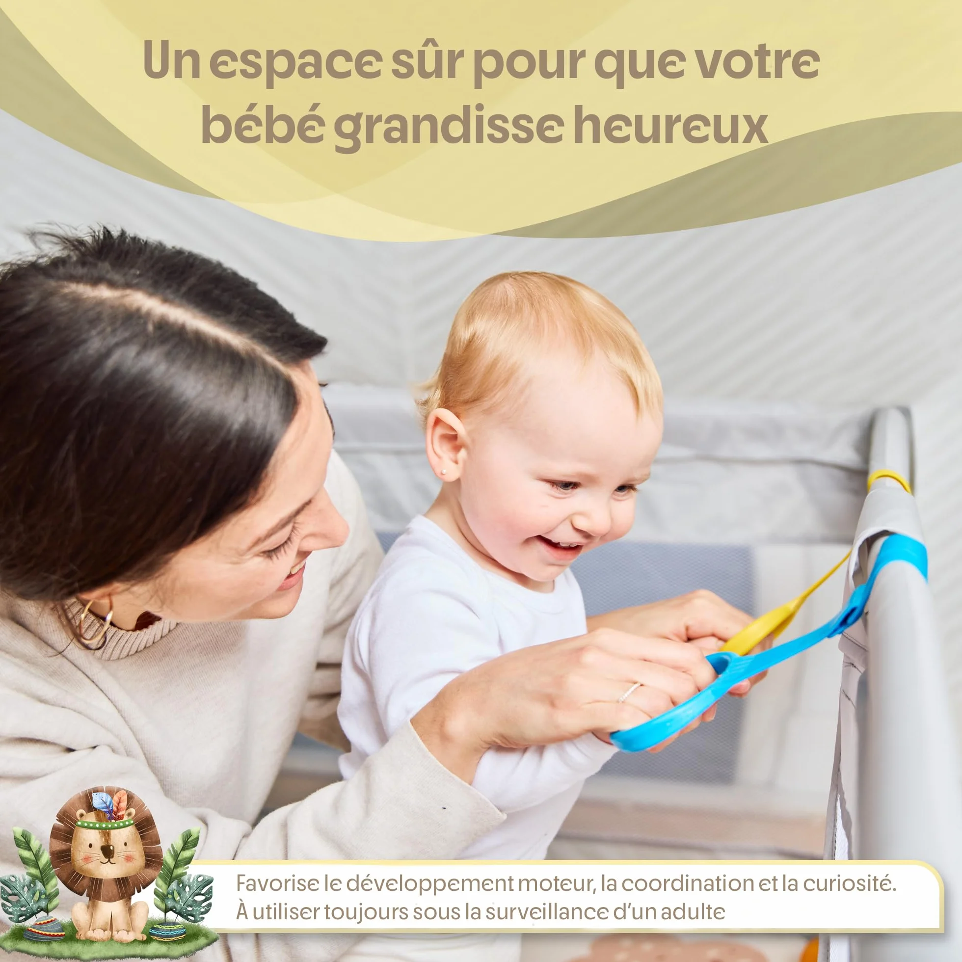 Parc Bébé 150x150cm avec Illustrations, Parc de Jeux Rembourré avec Tapis Réversible, Livre Sensoriel, Balles Colorées et Anneaux d’Appui
