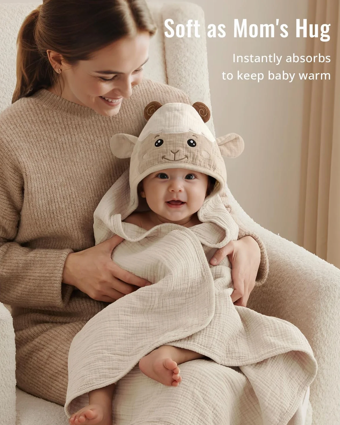 Blissful Diary Lot de 2 Cape de Bain Bébé en Muslin, Serviette de Bain à Capuche, Ours & Agneau