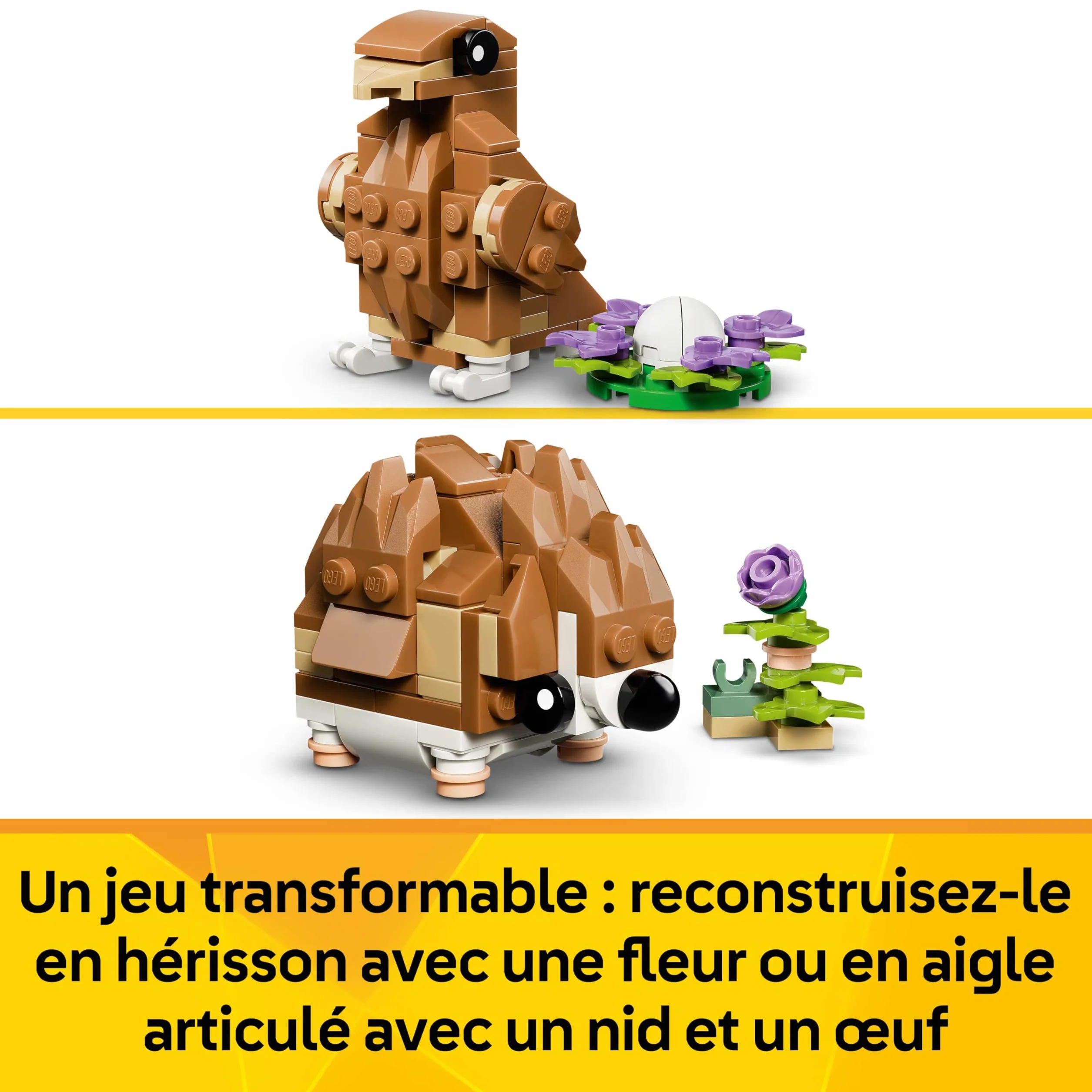 LEGO Creator 3-en-1 L’Adorable Hamster et la Fleur 31376 Figurine d'animal Transformable Aigle Hérisson
