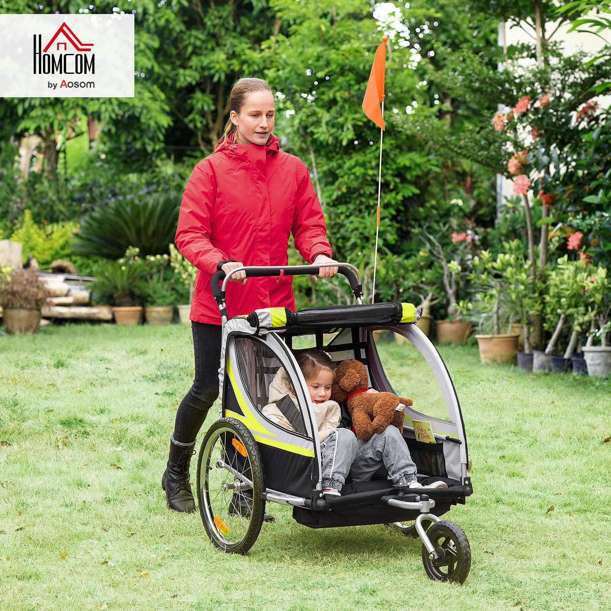 HOMCOM 2 in 1 Kinderfahrradanhänger mit Mesh-Tür, 360° Drehbares Vorderrad, Bremse, 142 x 75 x 101 cm