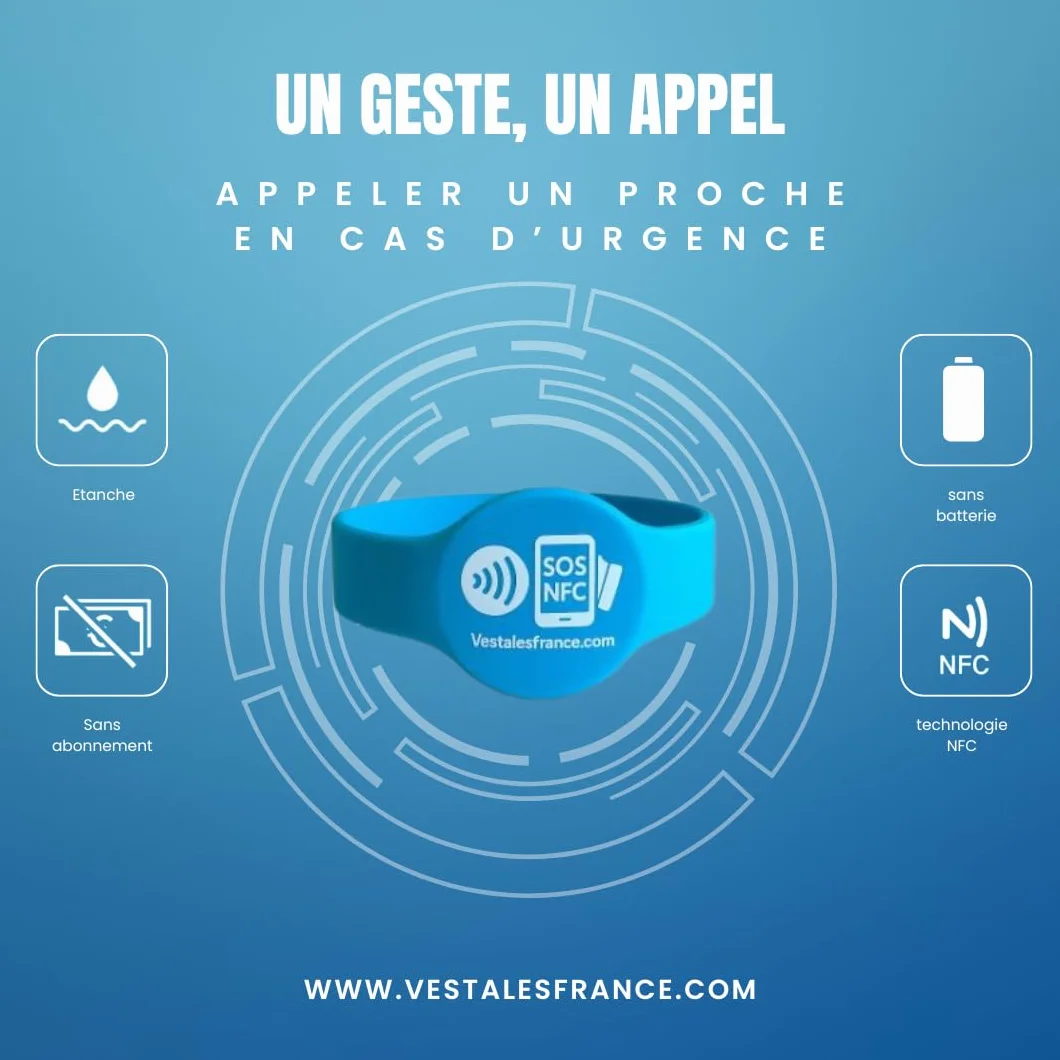 Bracelet Sécurité Enfant NFC Identification Urgence sans Batterie Fabrication Française Bleu 1 Pièce