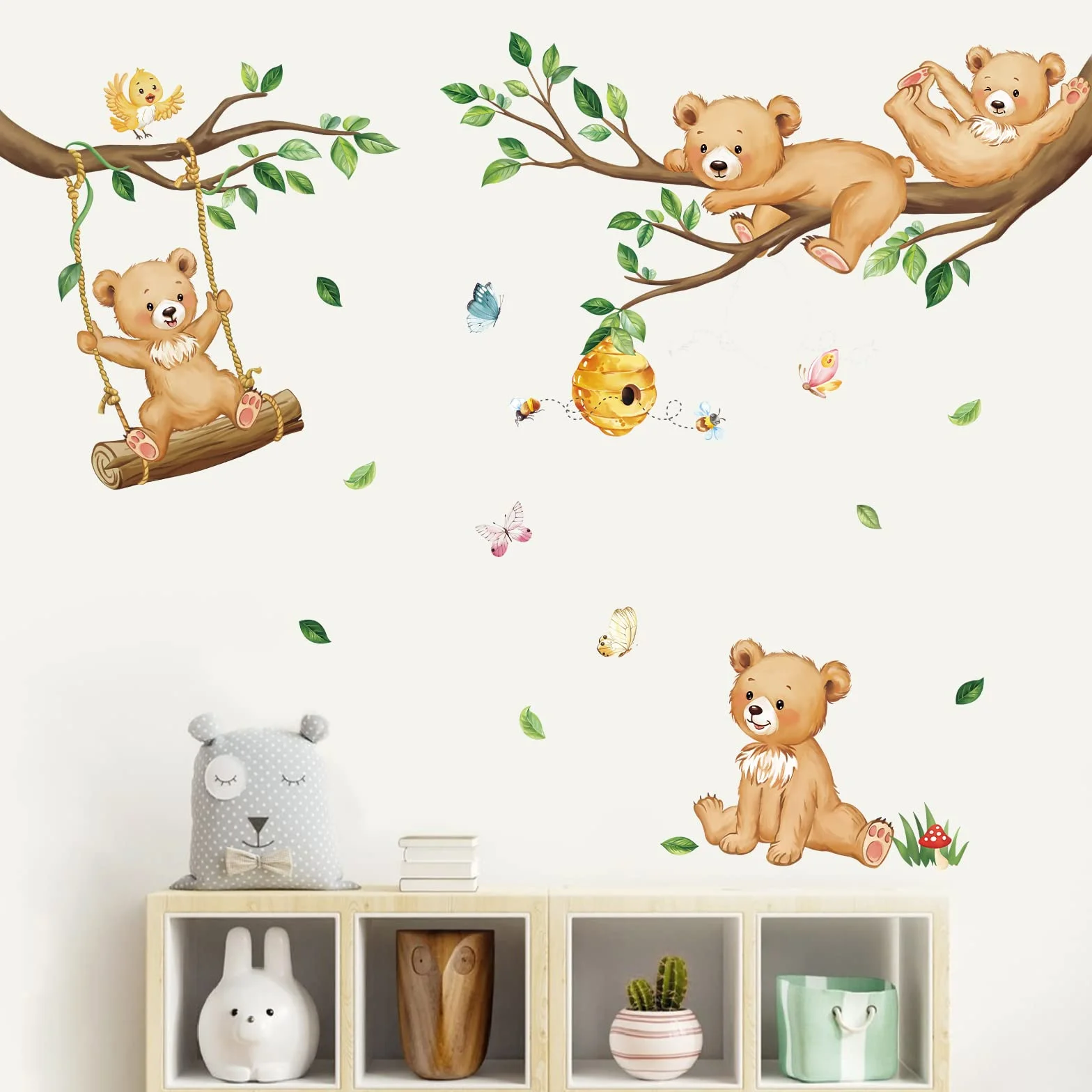 Decalmile Autocollant Mural Animaux Forêt Ours Branche Arbre Vertes Décoration Murale Chambre Enfants
