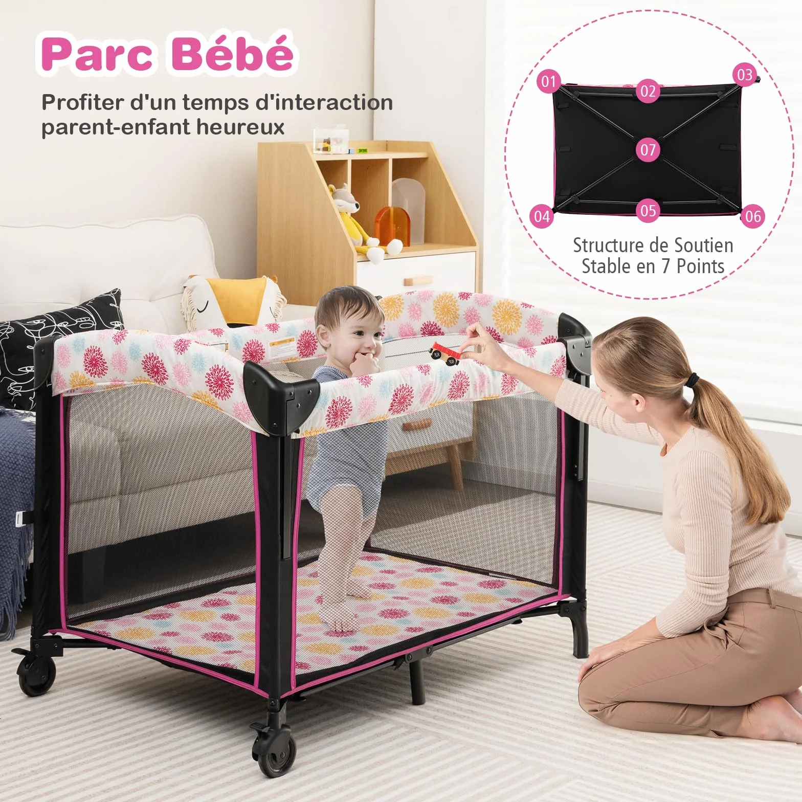 DREAMADE Lit Parapluie Bébé 4 en 1 107x72x119 cm Cododo avec Table à Lange & Matelas Noir+Rose