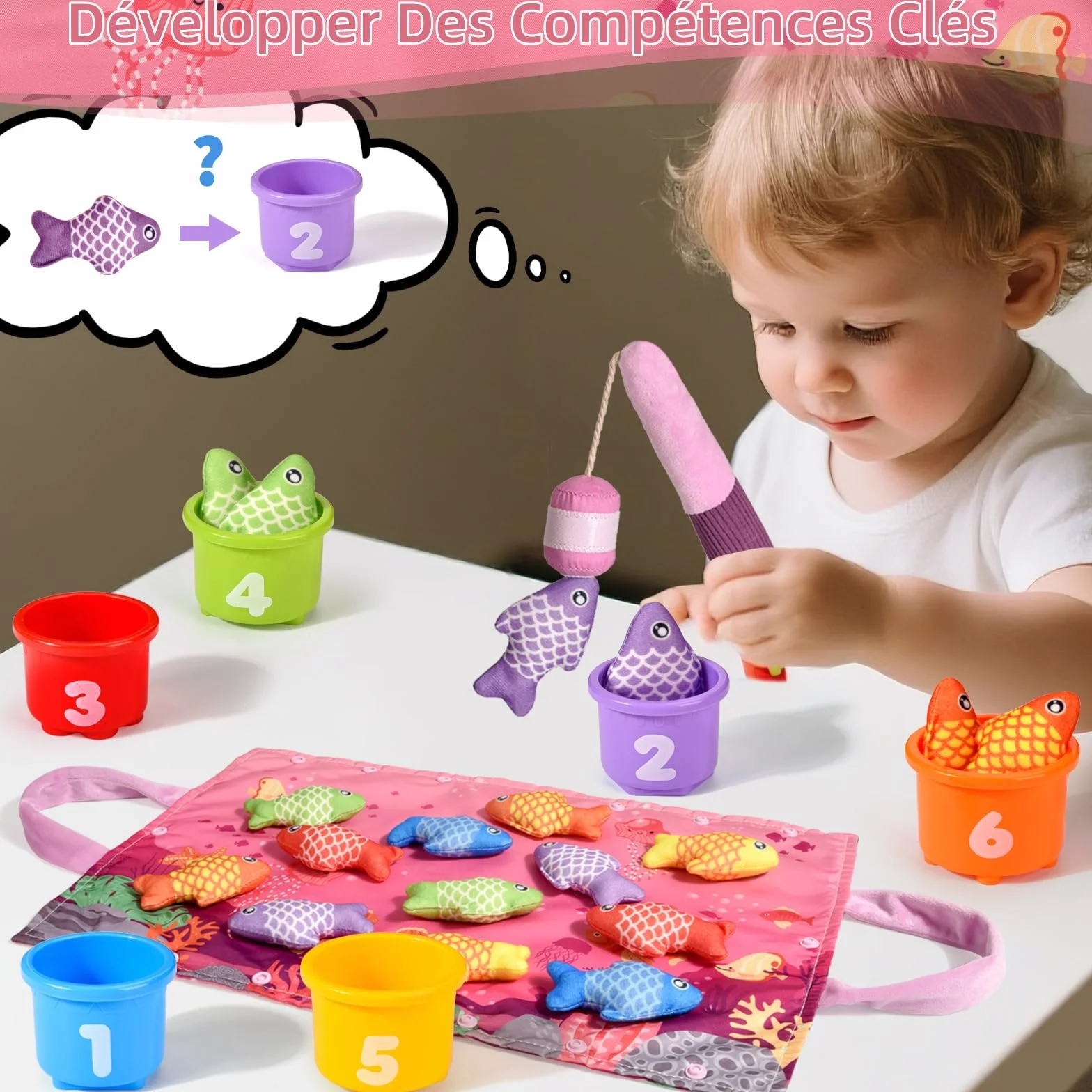 Jouet Montessori Pêche à la Ligne pour Enfant 1 2 3 Ans, Apprendre les Couleurs, Cadeau Fille Garçon 6-18 Mois