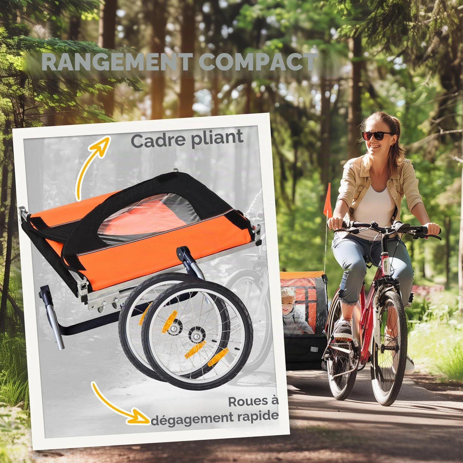 HOMCOM Remorque vélo enfants 2 sièges ceintures sécurité cadre acier housse Oxford Orange