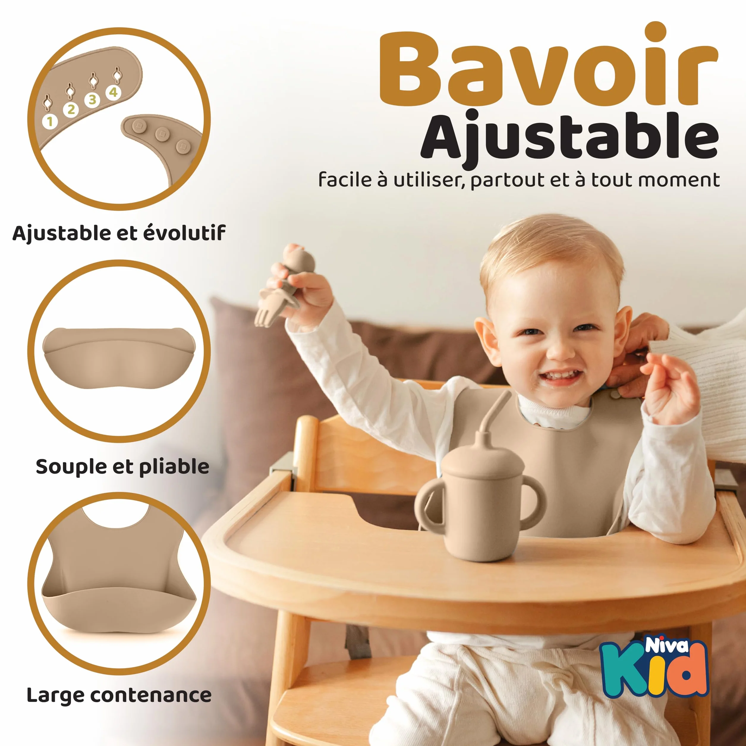 Coffret Repas Bébé Silicone Set Vaisselle 1er Âge Assiette Ventouse Cuillère Bavoir Tasse Sans BPA DME Bébé Beige