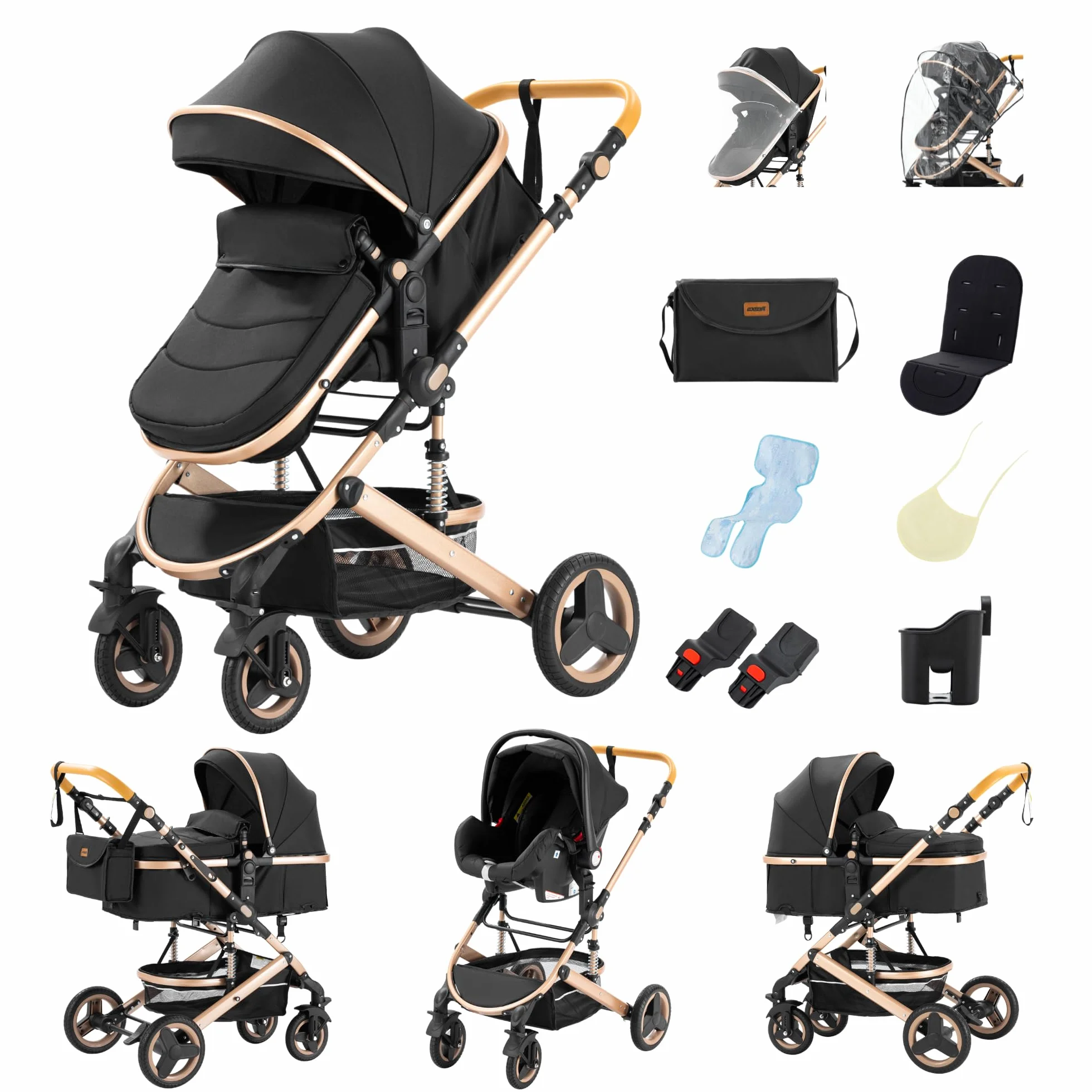 GLOKID Poussette 3 en 1, Poussette Combinée Portable Pliant en Un Clic, Cadre Aluminium Noir