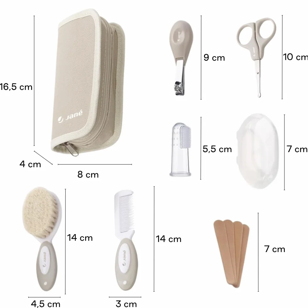 Jané Kit Hygiène Bébé 8 Pièces, Brosse Poils Naturels, Ciseaux, Coupe-ongles, Lime, Brosse Dentaire Silicone, Beige