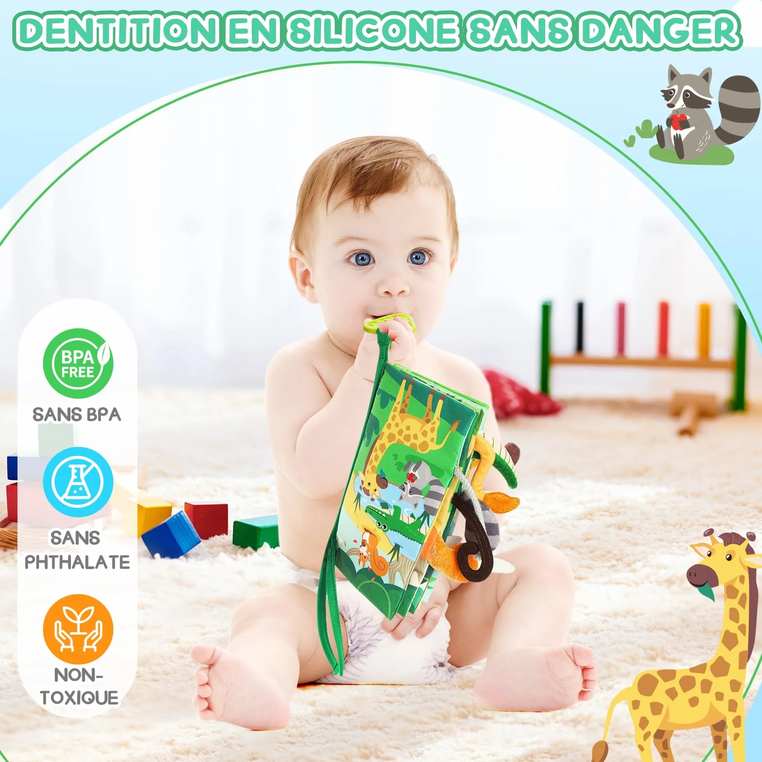 Livre bébé 0-12 Mois en Tissu Montessori Animaux 3D avec Anneau Dentition, Jouet d'éveil sensoriel Tummy Time Lavable