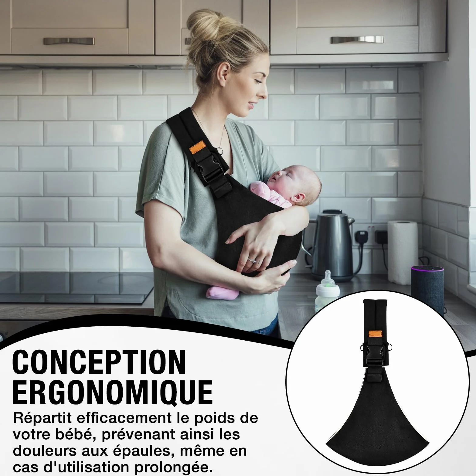 Écharpe de Portage Réglable Porte Bébé Hanche Respirant pour Nouveau-Nés et Tout-Petits jusqu'à 15 kg Noir