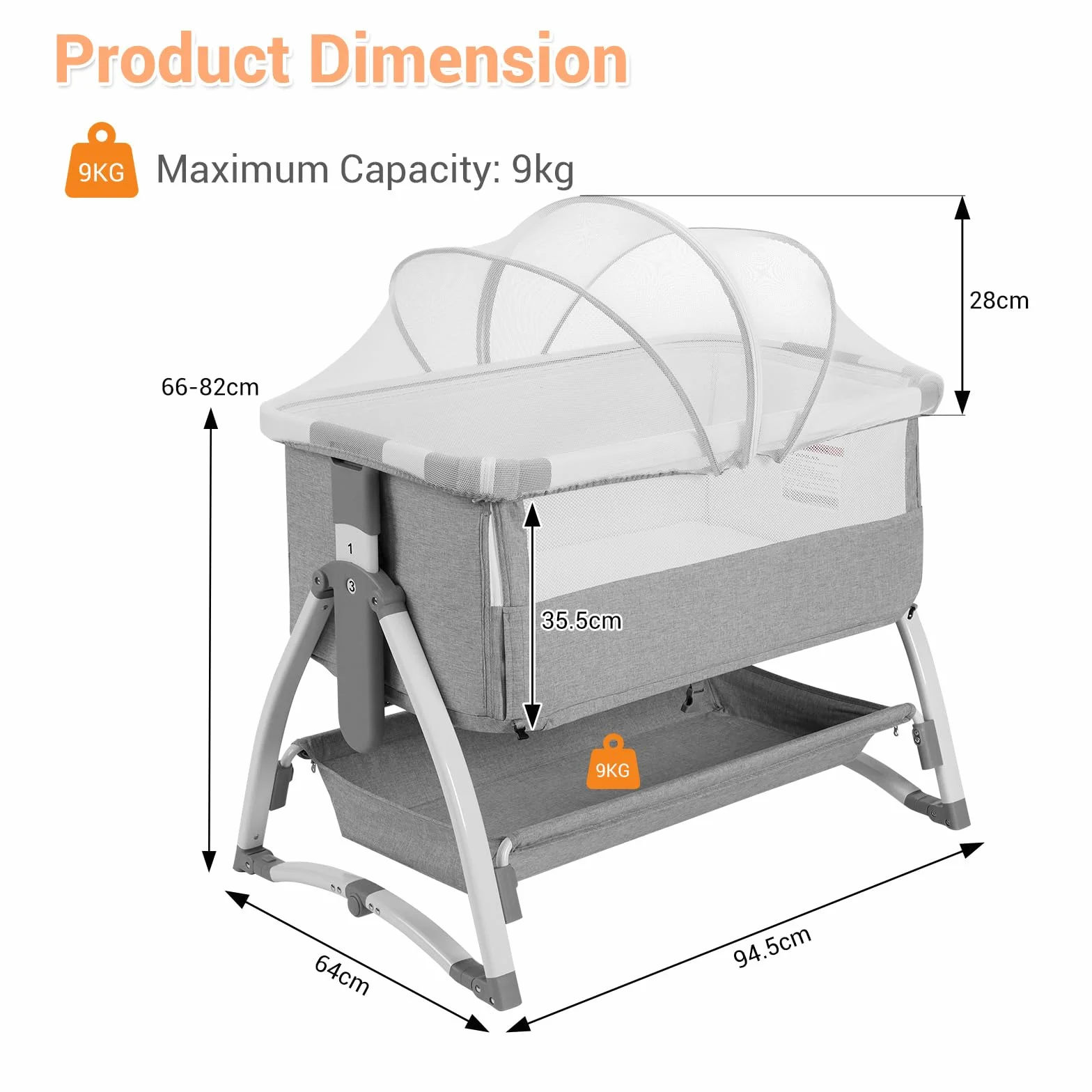 Lit Bébé Évolutif 3 en 1 Convertible Cododo avec Moustiquaire, Matelas, Bascule, 7 Hauteurs Réglables, 0-36 Mois