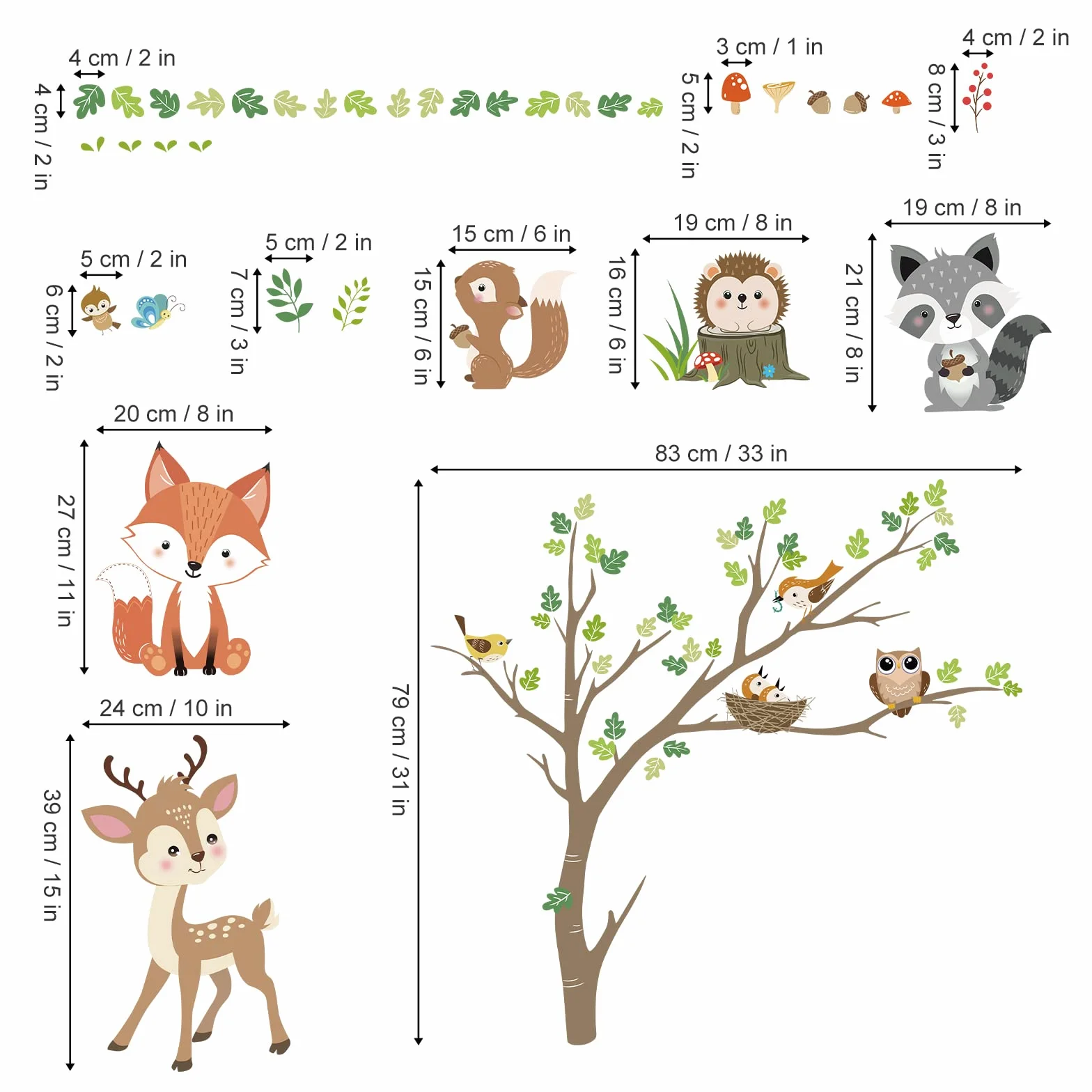 Stickers Muraux Animaux Forêt Arbre Autocollant Mural Renard Cerf Hibou Décoration Murale Chambre Enfants
