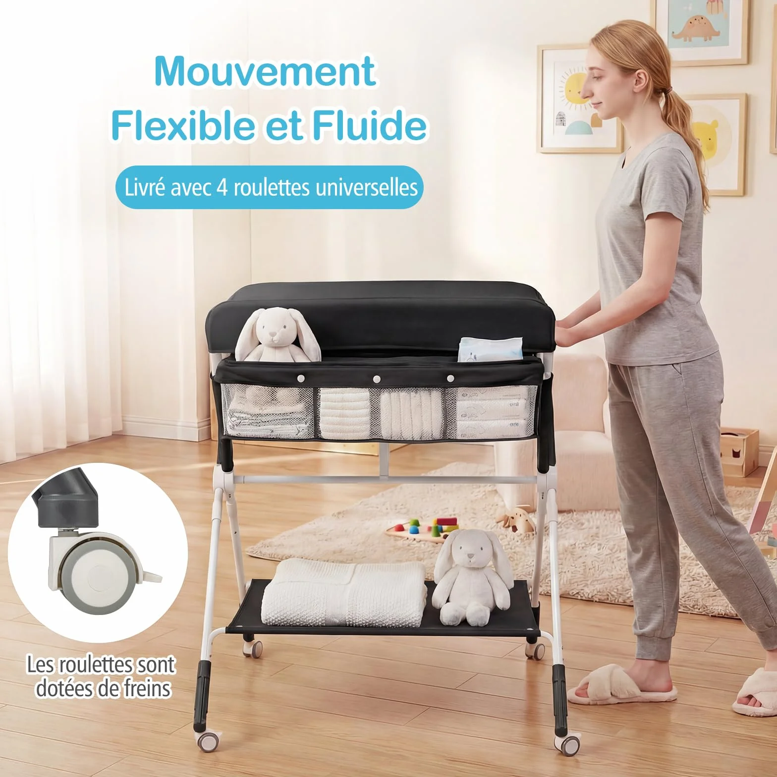 COSTWAY Table à Langer Pliante Bébé Réglable Hauteur 3 Niveaux Roulettes Étagère Panier Organiseur Mobile Noir