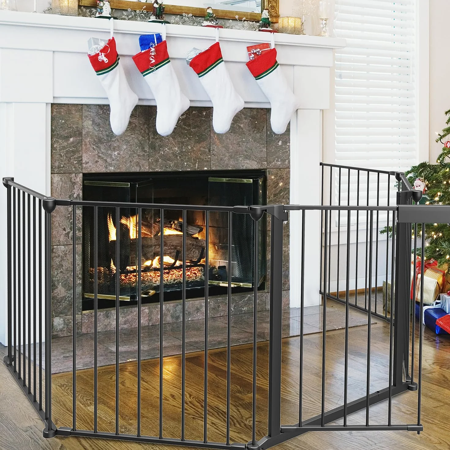 Barrière de Protection de Cheminée Métal 310 cm Pliable 5 Pièces avec Serrure Porte Noir