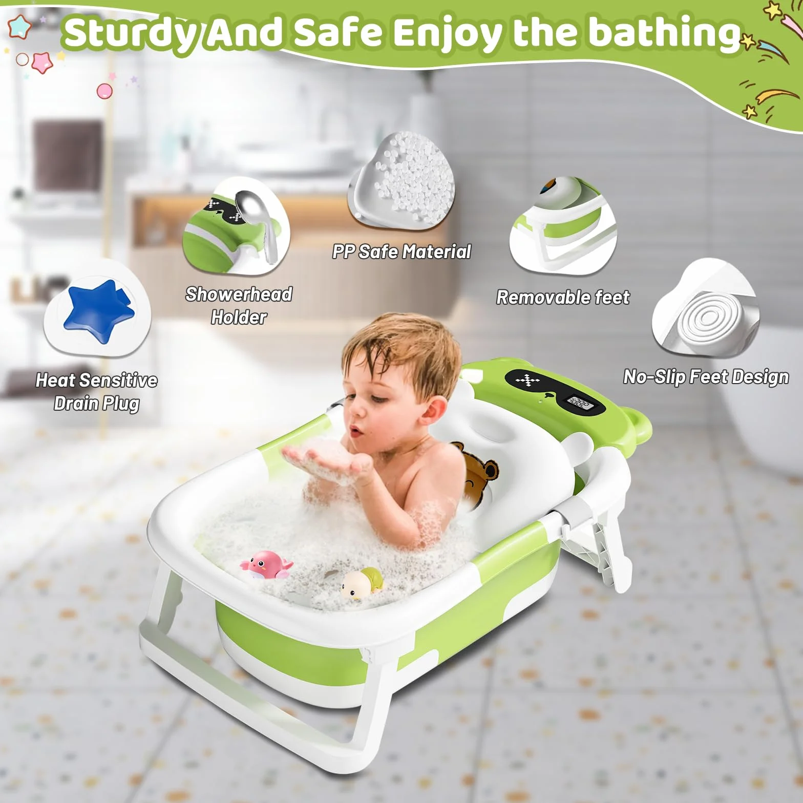 Baignoire Bébé Pliable avec Coussin de Bain et Thermomètre Intégré, Bouchon d'Évacuation, Vert Ours