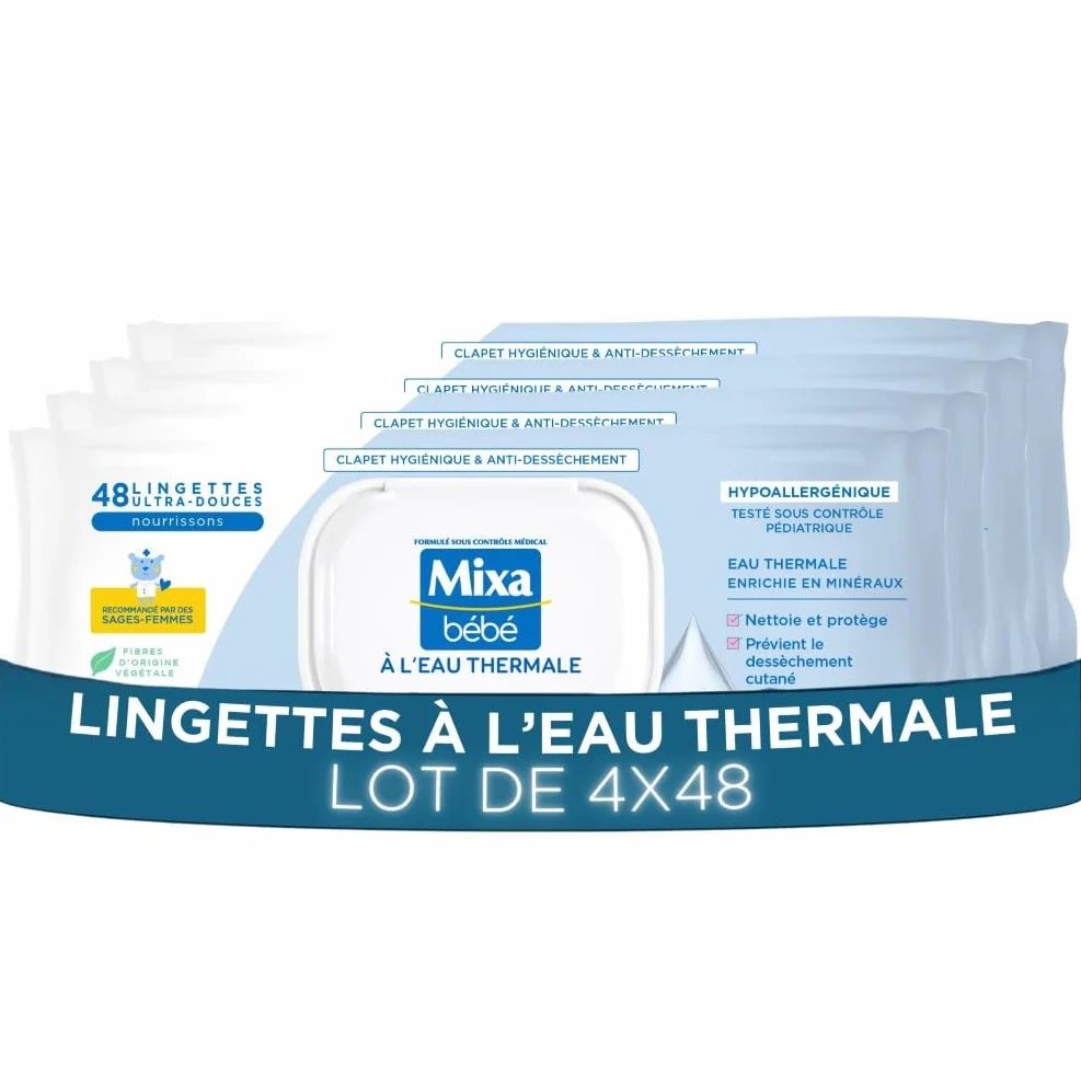 Mixa Lingettes Bébé à L'eau Thermale, Lot de 4 x 48, Hypoallergéniques