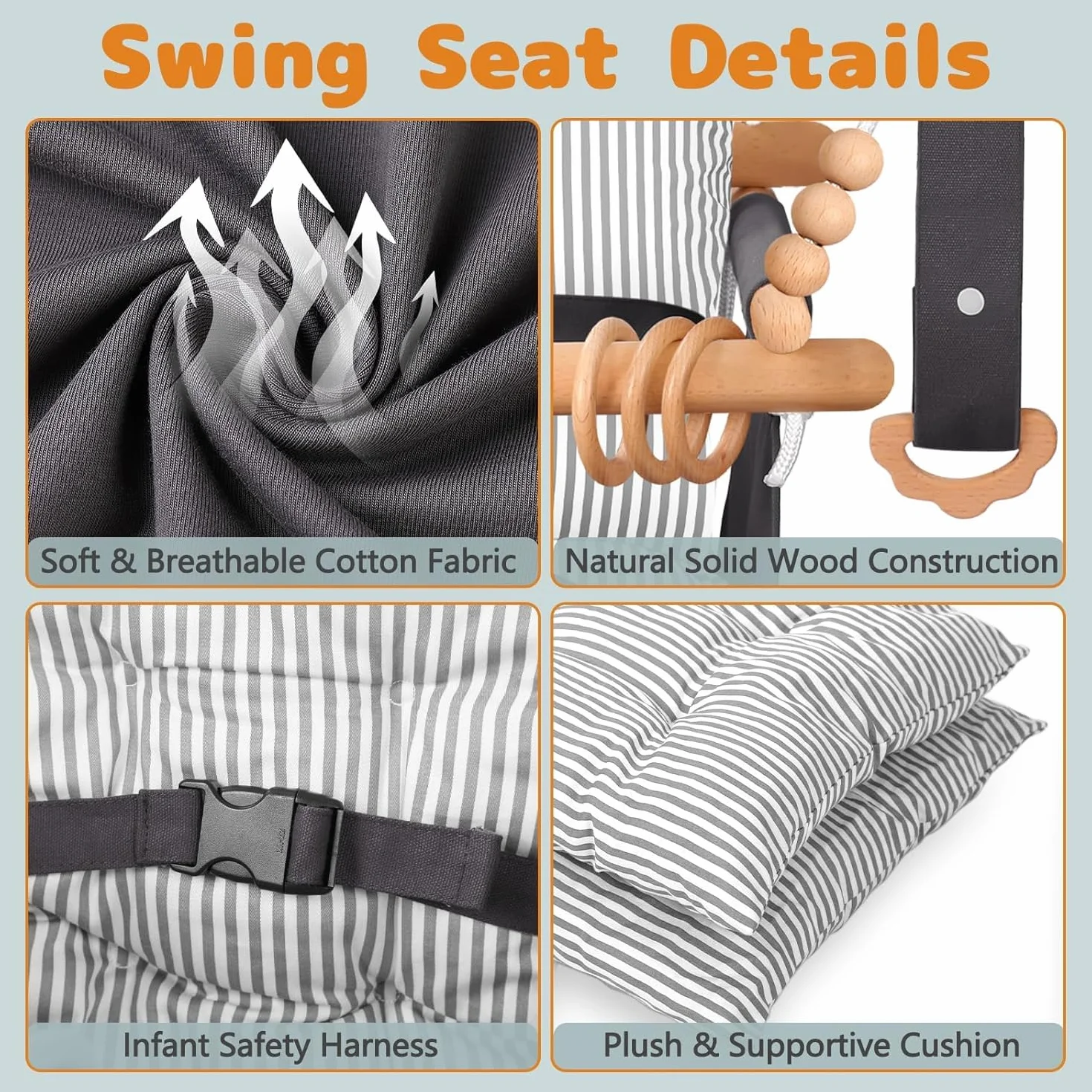 Balançoire 2 en 1 pour bébé avec ceinture de sécurité 5 points, intérieur et extérieur