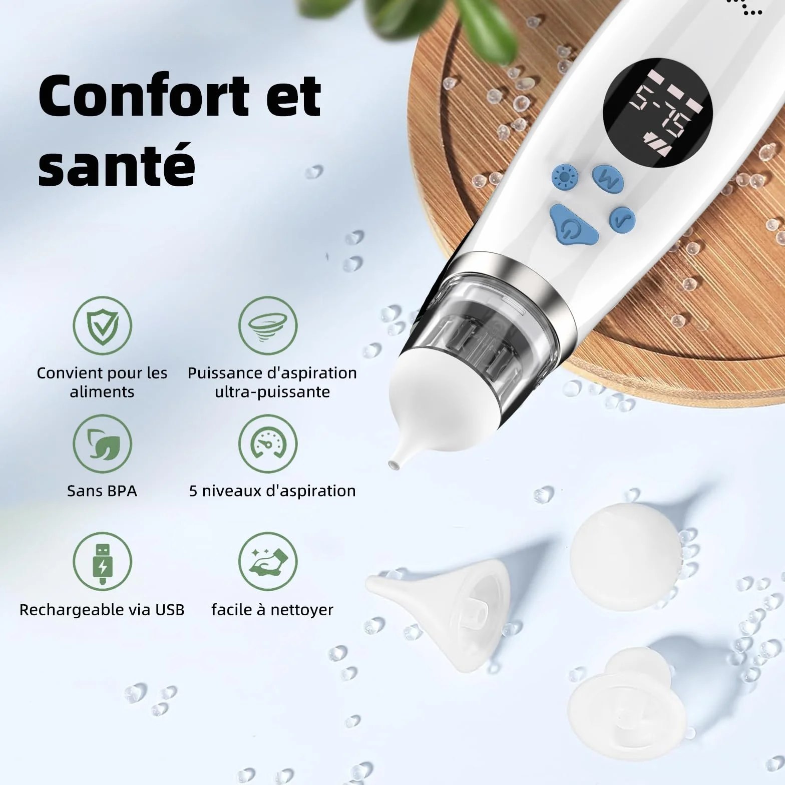 Mouche Bebe Electrique, Mouche Nez Bébé 5 Niveaux Aspiration 3 Tailles Embout Musique Lumière LED Portable