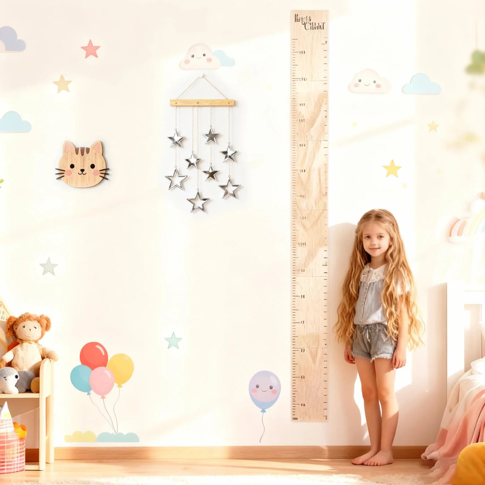Toise Murale Enfant Bois 60-210 cm Règle de Croissance Amovible Suspendue