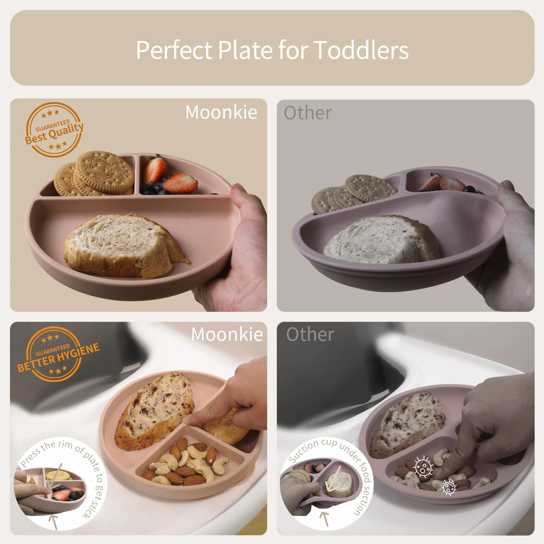 Moonkie Assiettes à Succion pour Bébés | Assiettes à Séparation en Silicone sans BPA avec Couvercle, Lavable au Micro-ondes